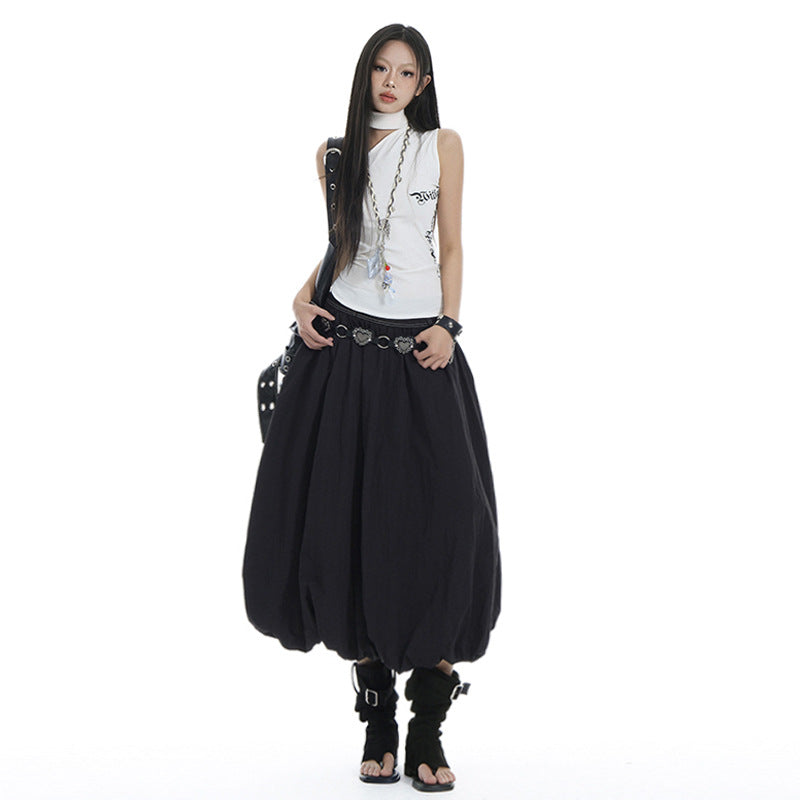 Women's Black Elastic High Waist Pleated Bubble Skirt - Image 2