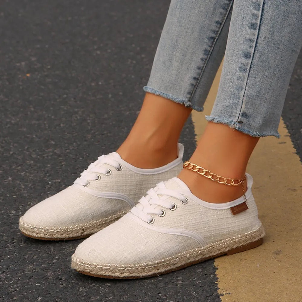 Tweed Lace-Up Round Toe Flat Sneakers Plaid Casual Shoes