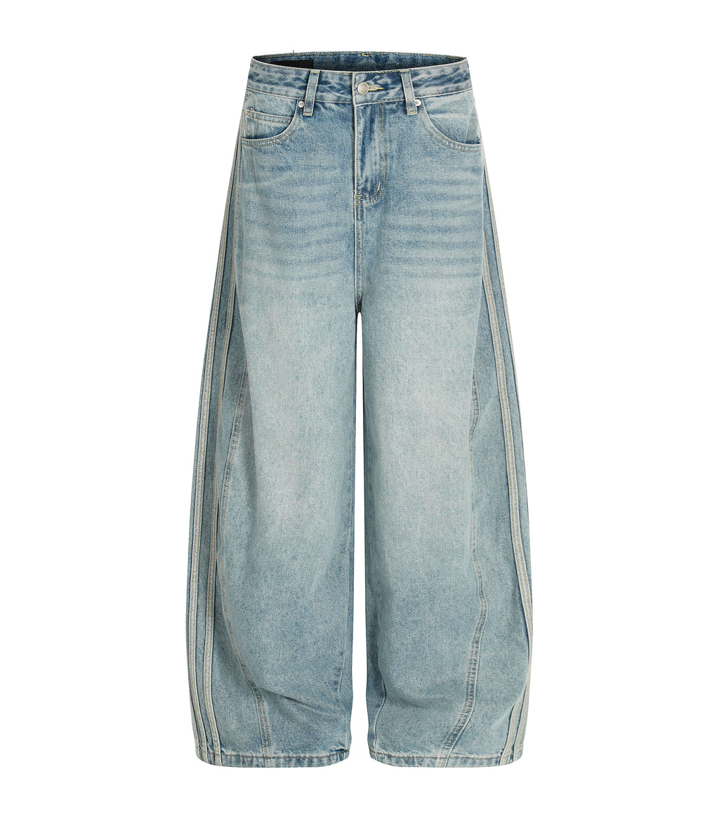 Wide Leg Striped Light Wash Denim Jeans for Men