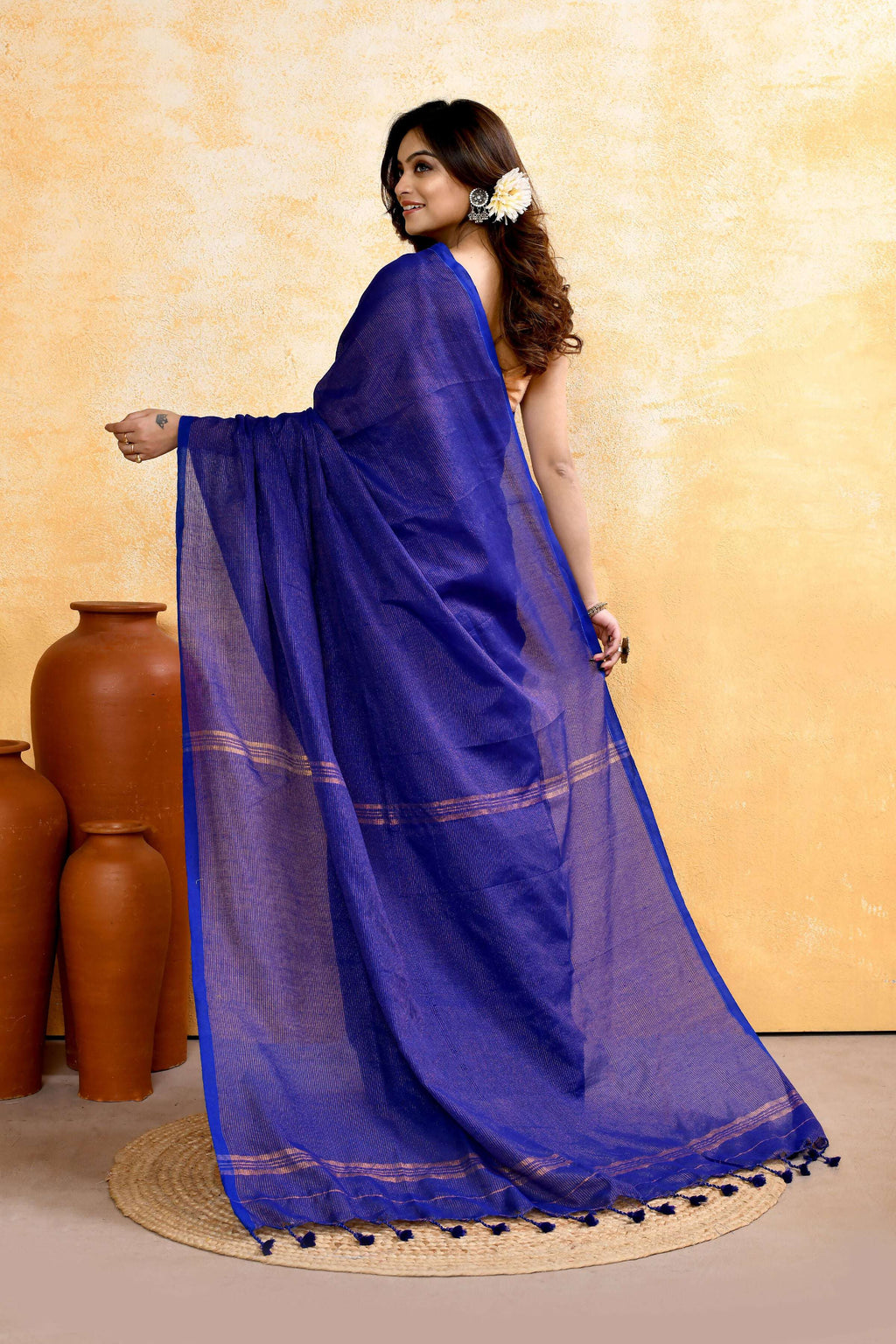 Royal Blue Embellished Cotton Blend Zari Check Handloom Saree