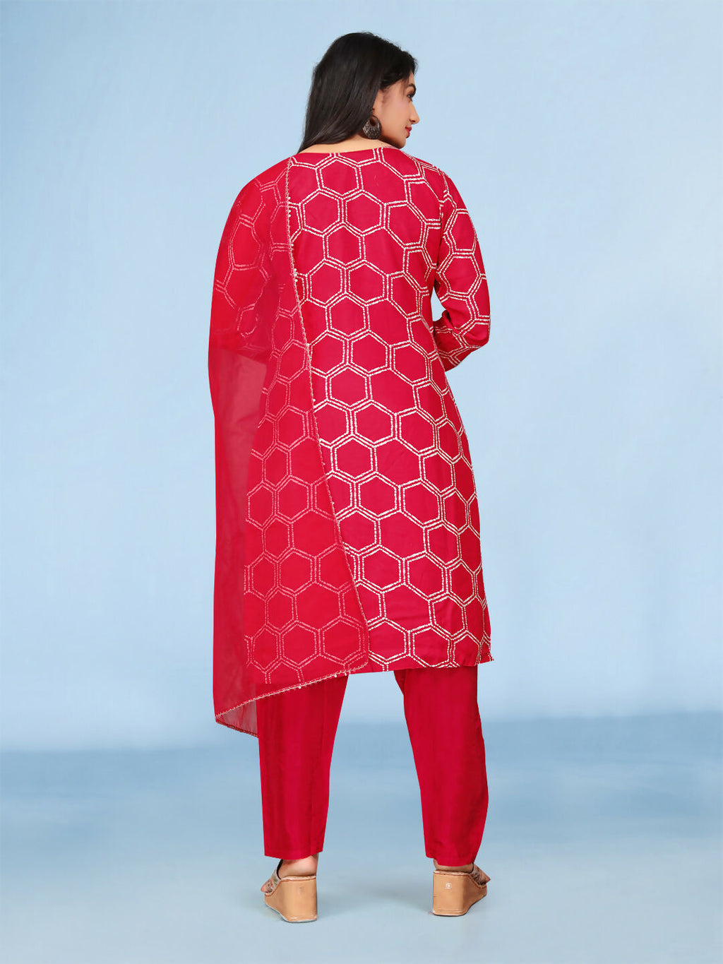 Red Printed Dola Silk Handwork Kurta Set with Cotton Lining
