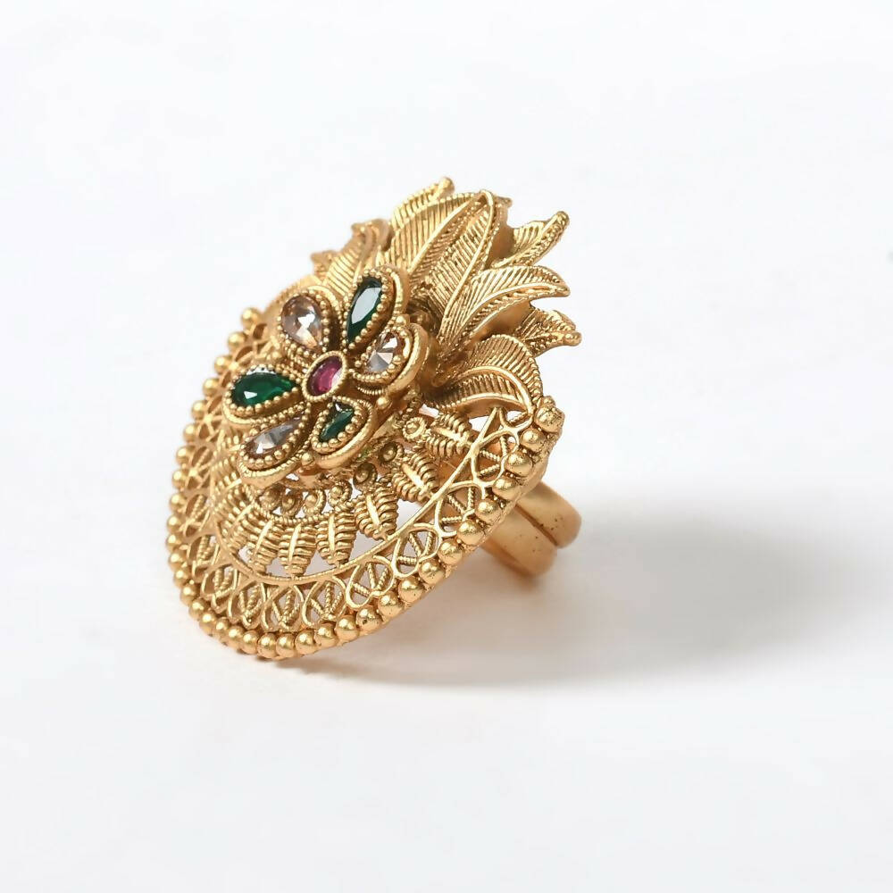 Joharkamal Gold-Polished Adjustable Stone Studded Statement Ring