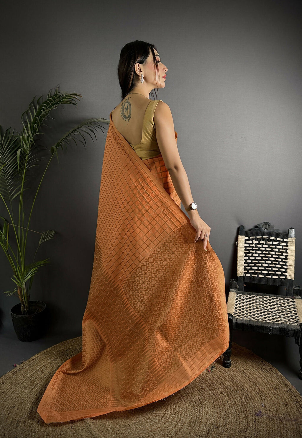 Orange Banarasi Soft Lichi Silk Saree with Woven Checks