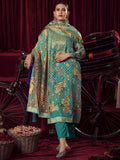 Turquoise organza jacquard woven straight kurta with muslin trousers and matching dupatta.