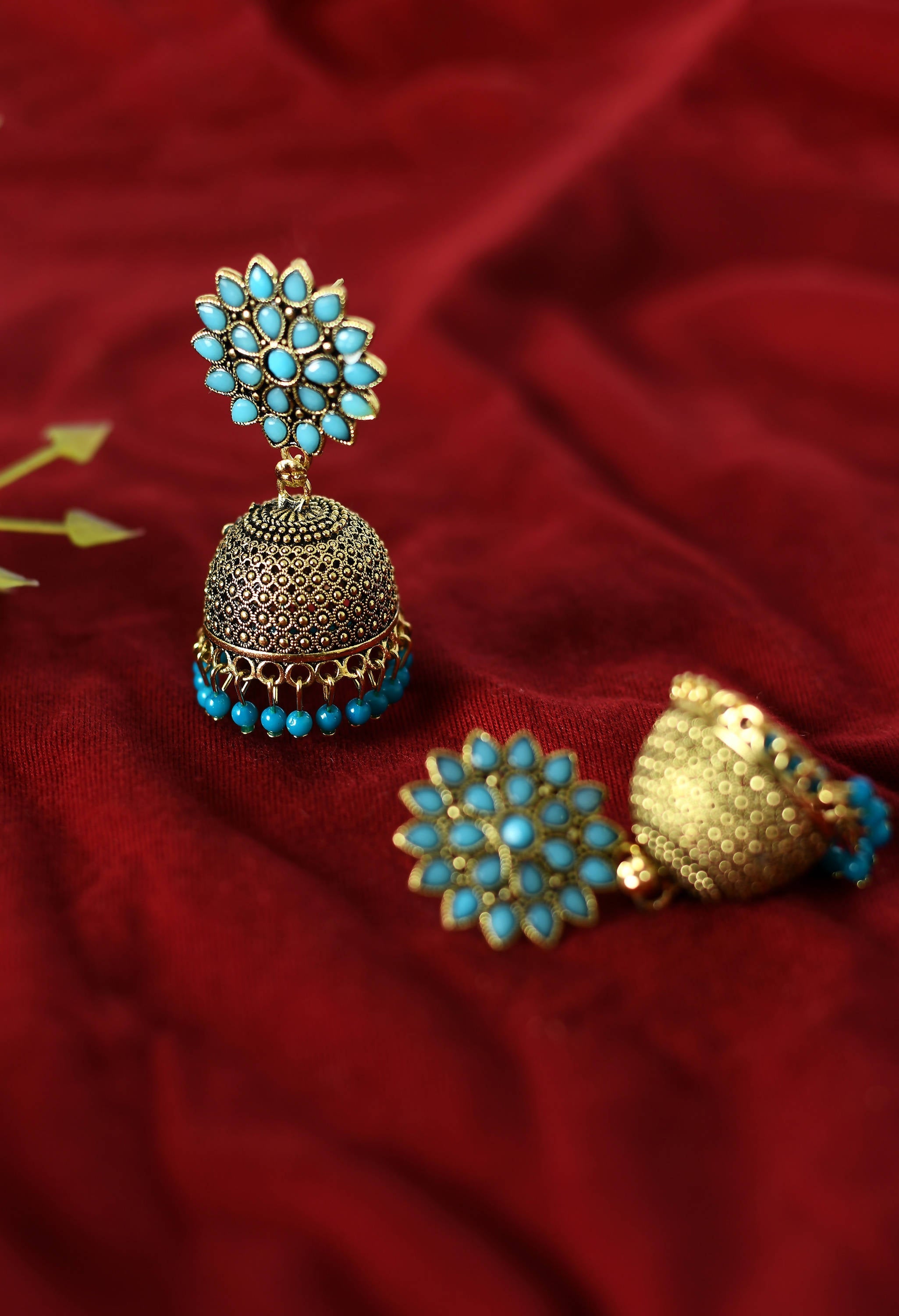 Johar Kamal Kundan Jhumka Earrings with Sky Blue Beads