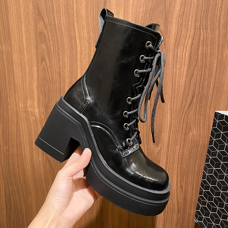 Chunky Platform Lace-Up Boots for Women in Black & Burgundy - Image 4