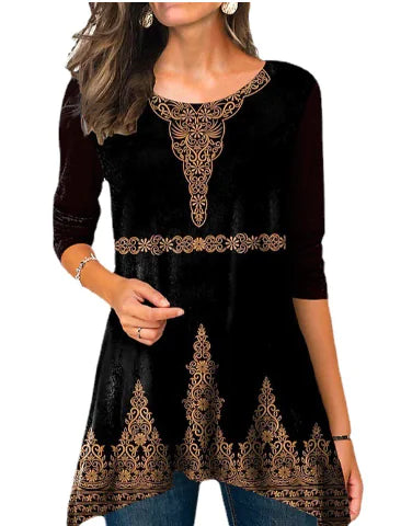 Women's Round Neck Floral Print Tunic Top with Asymmetrical Hem - Image 27