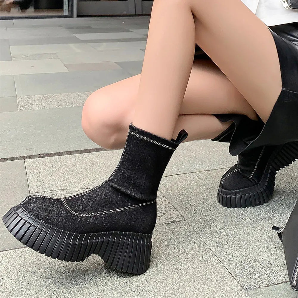 Women's Metallic Silver & Black Denim Platform Ankle Boots - Image 5