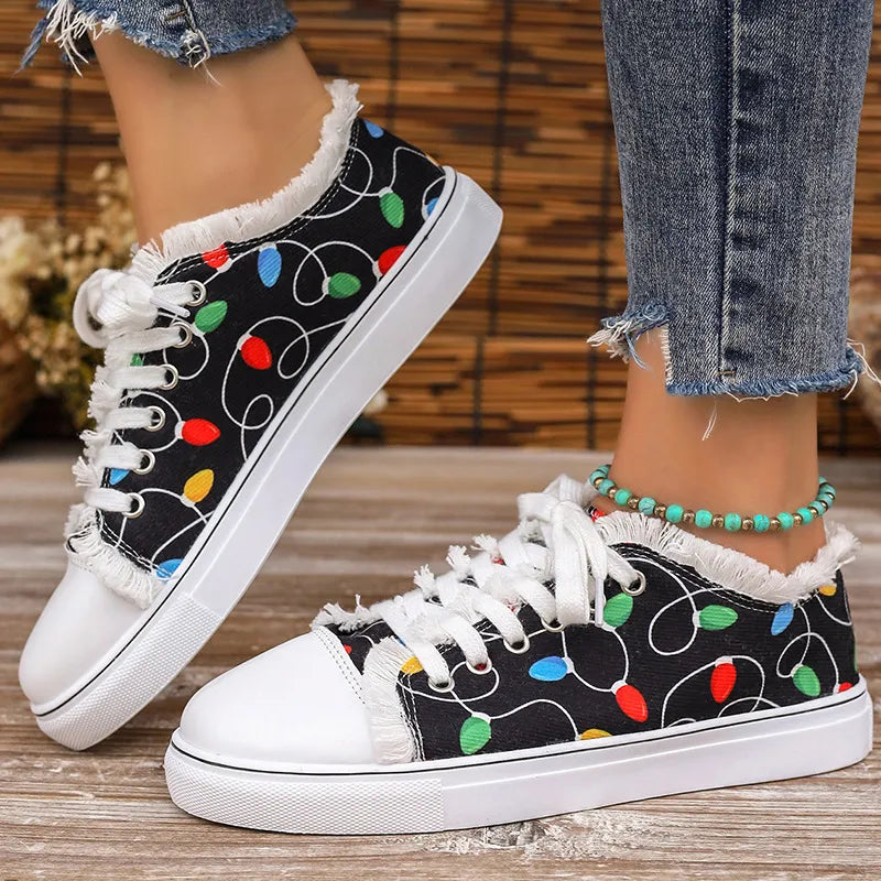 Casual women's round toe sneakers with printed canvas and raw hem