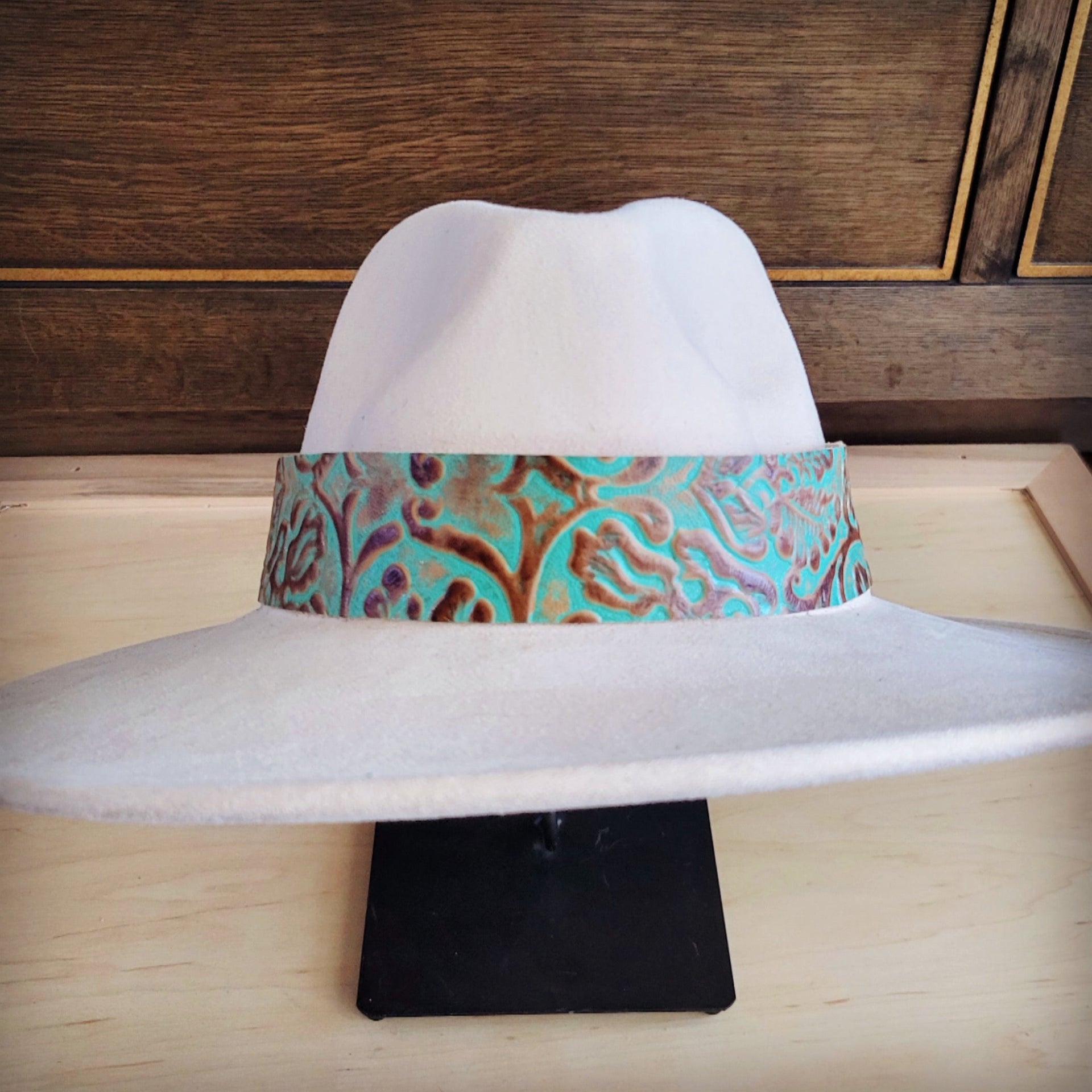 Wide Turquoise and Brown Floral Tooled Leather Cowboy Hat Band - Image 3