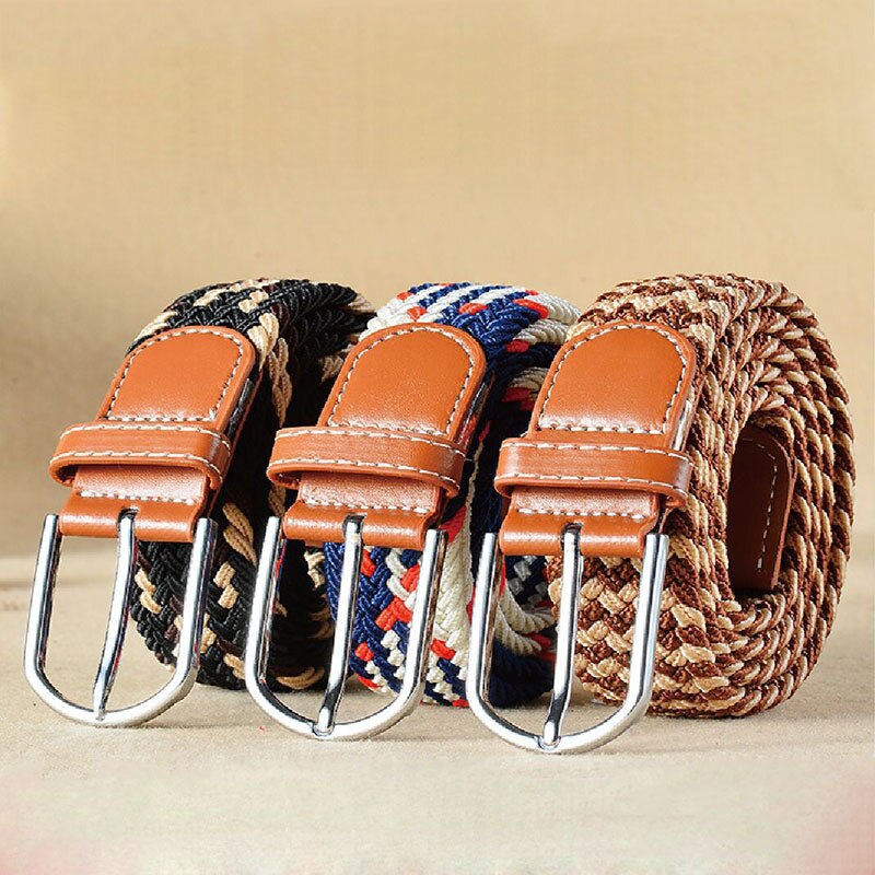 Women's Elastic Woven Belt with Faux Leather Trim & Metal Buckle - Image 3