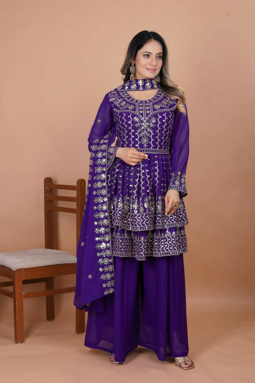 Purple Georgette Embroidered Sharara Set for Festive Occasions