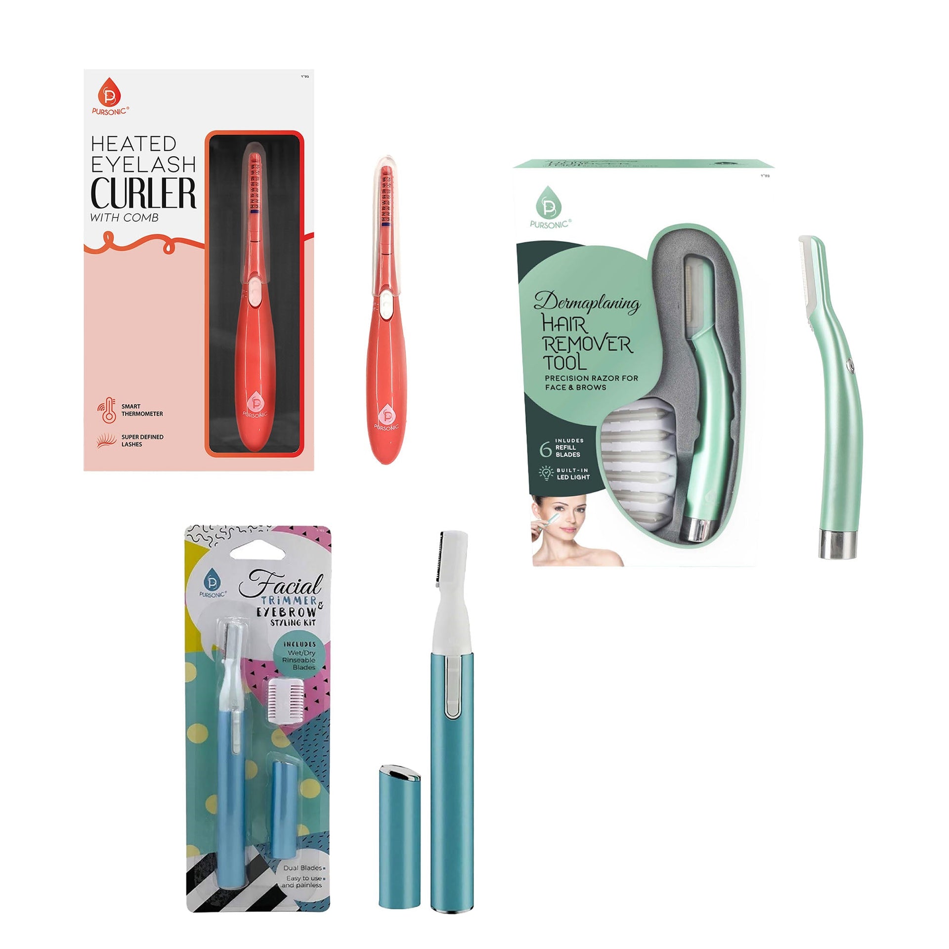 Pursonic Beauty Precision Bundle – Multi-Purpose Hair Trimmer, Heated Eyelash Curler & Dermaplaning Hair Remover Tool