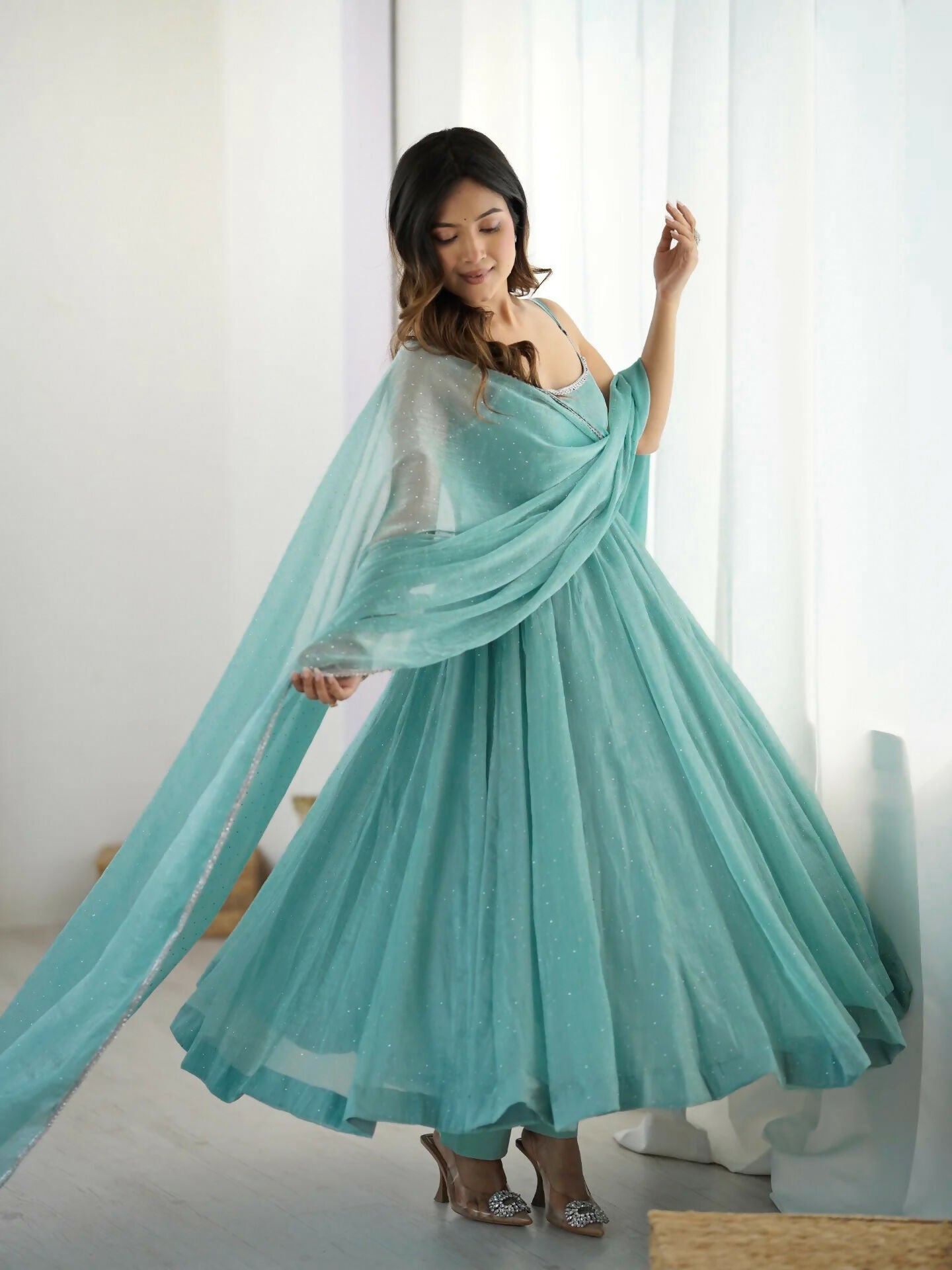 Sky Silk Kurta Set with Sequence Embroidery Work - 3 Piece Set