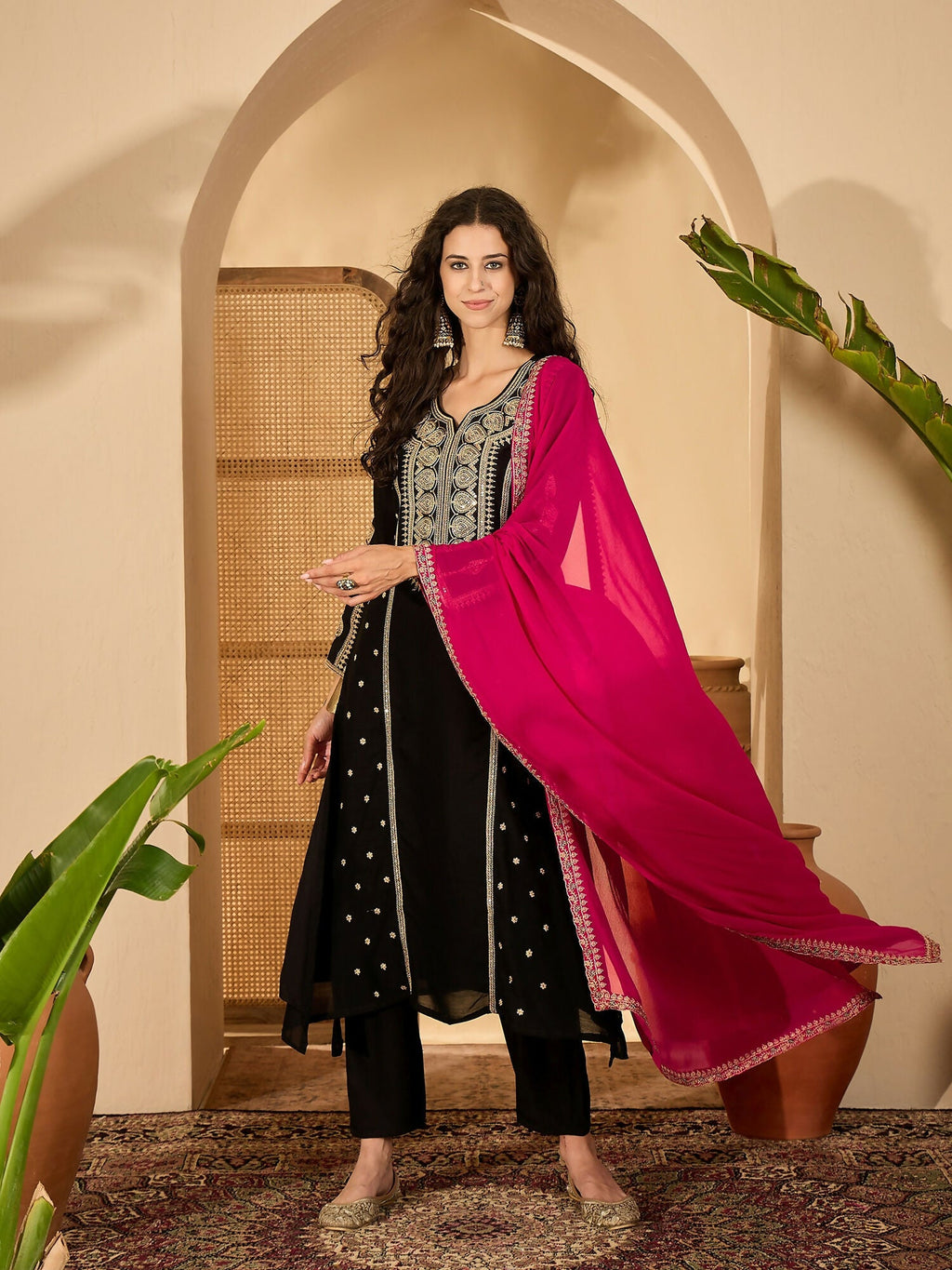 Embroidered Black Vichitra Silk Kurta Set for Women