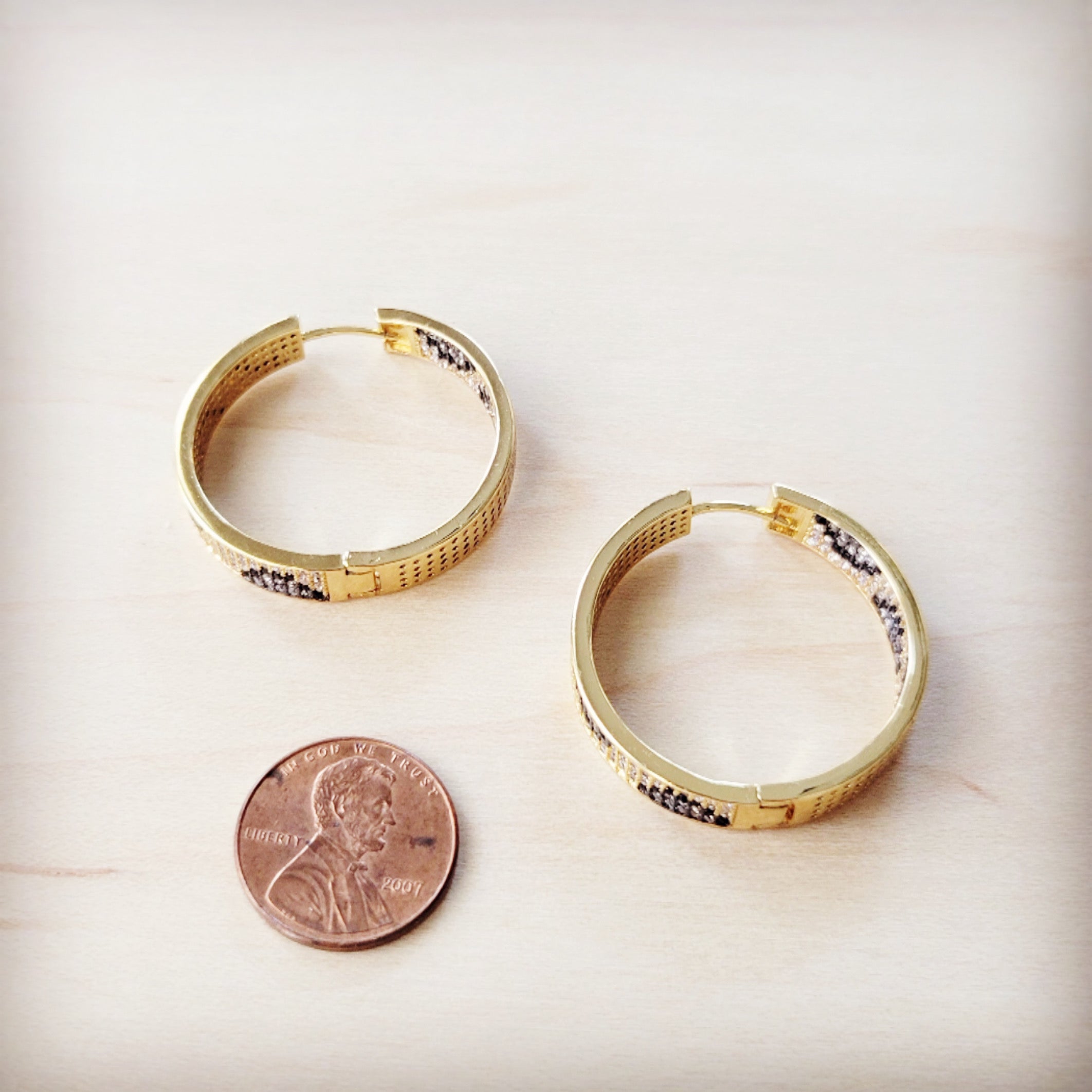 Spotted Leopard Pave Gold-Tone Hoop Earrings with Clear and Black Stones