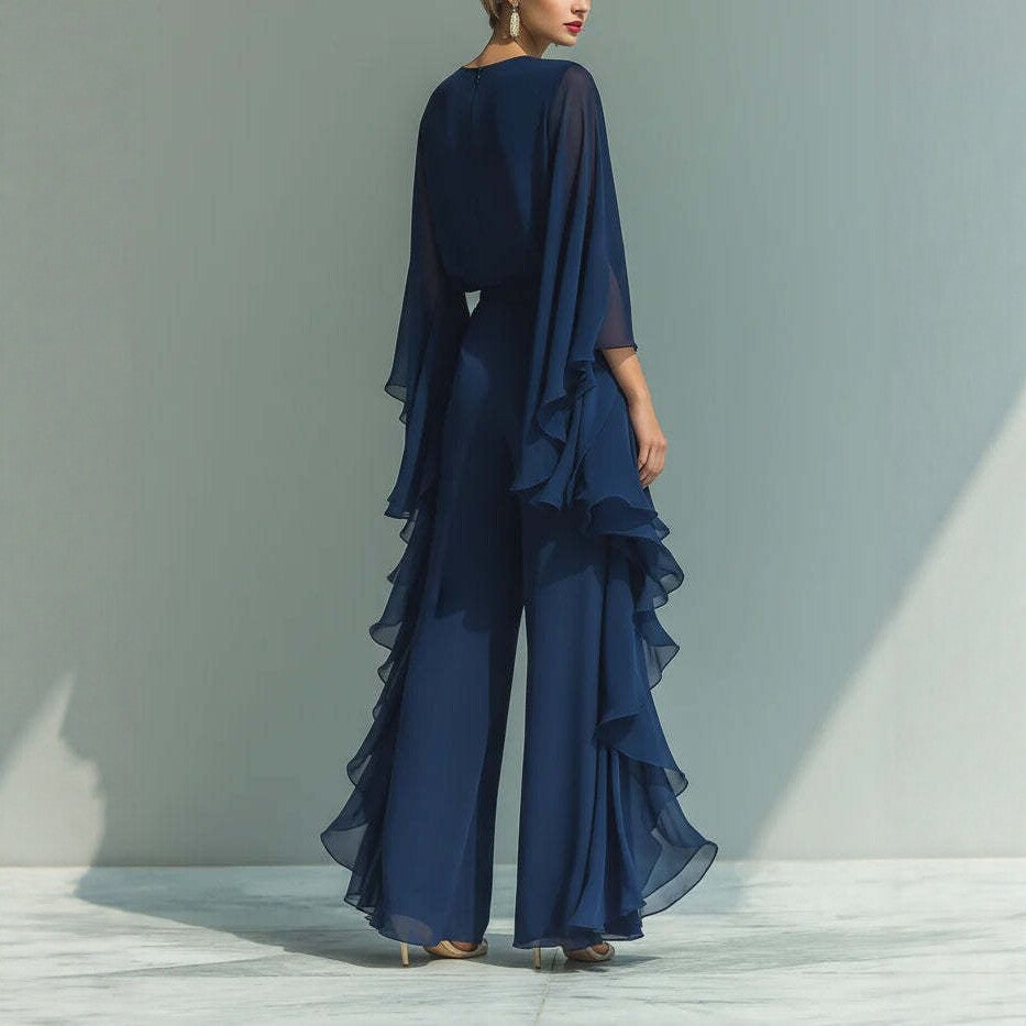 Deep Blue Ruffle Wide-Leg Pants Set - Elegant Two-Piece Outfit