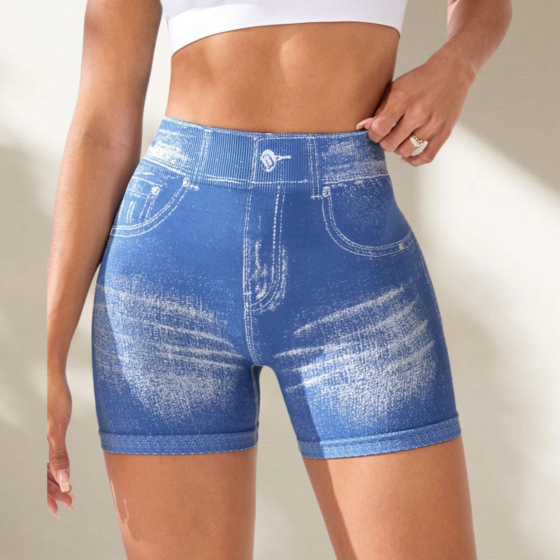 Denim-Effect Seamless Yoga Shorts High-Waisted Fitness Shorts