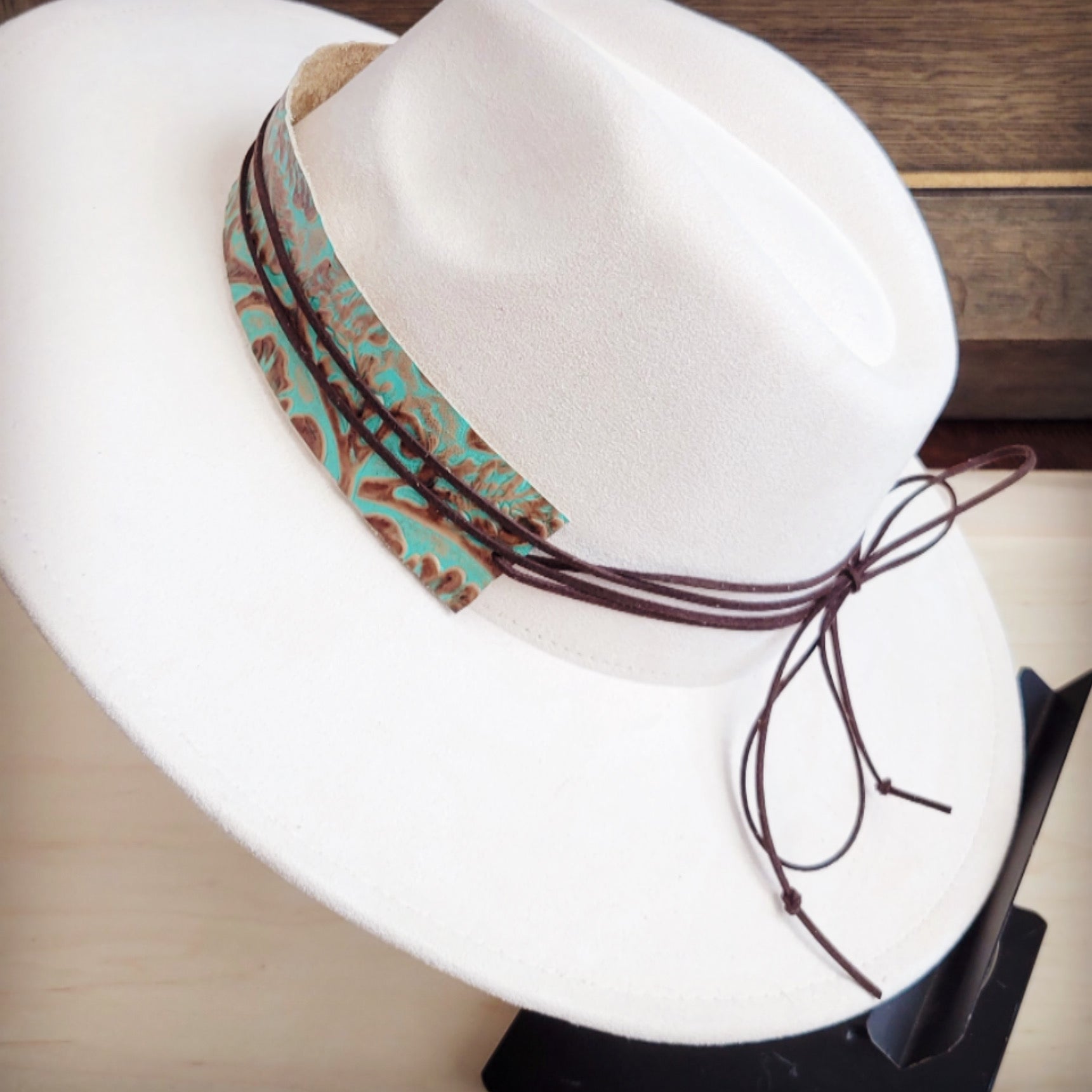 Wide Turquoise and Brown Floral Tooled Leather Cowboy Hat Band - Image 7