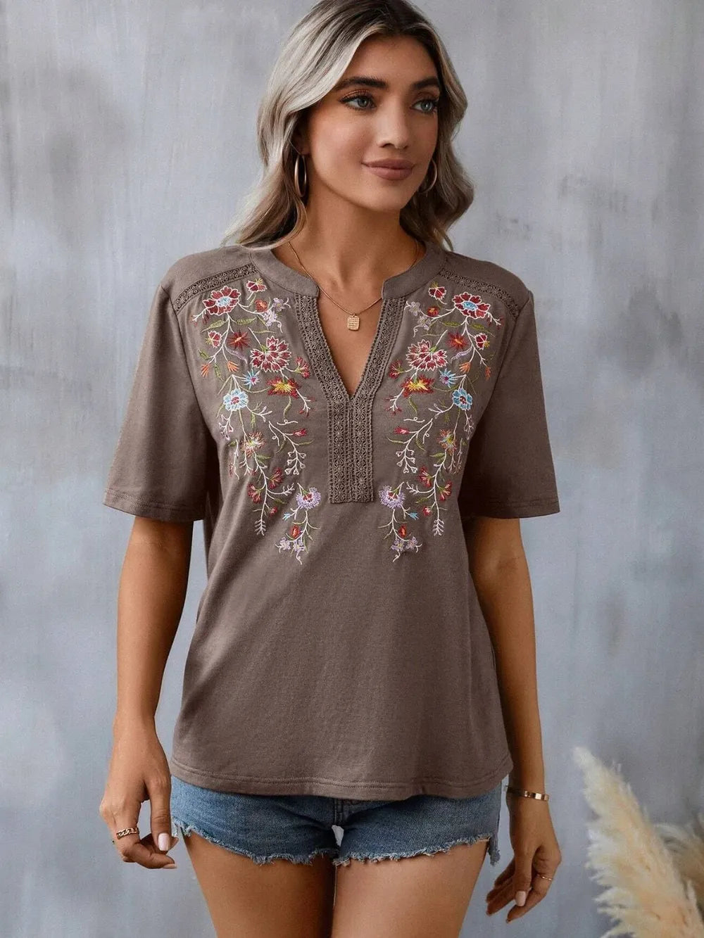 Boho Floral Embroidered Notched V-Neck Lace Trim Top