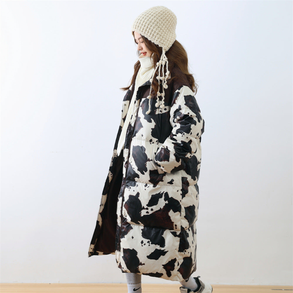 Harajuku Cow Print Long White Duck Down Puffer Coat for Women - Image 3