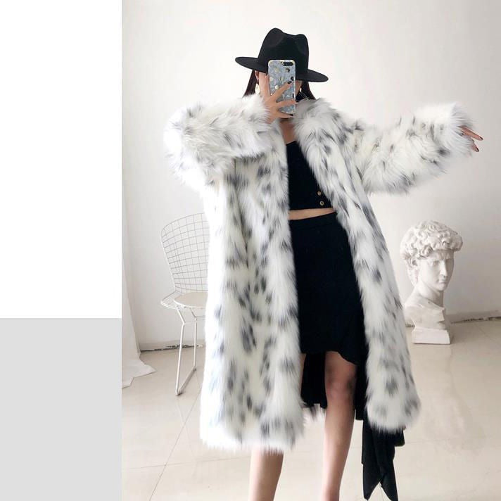 Women White Leopard Faux Fur Long Jacket Harajuku Style Coat - Image 6