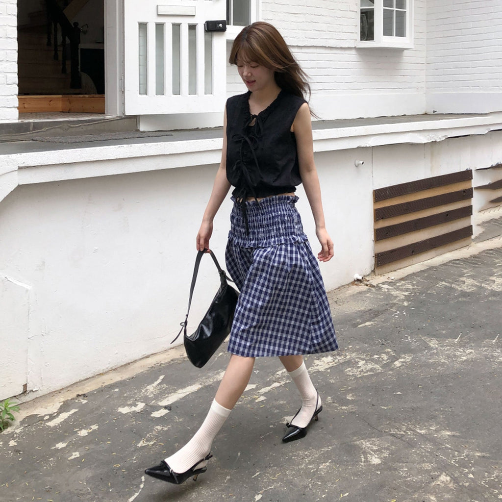Women's Blue Plaid Smocked Waist Tiered Midi Skirt - Image 3