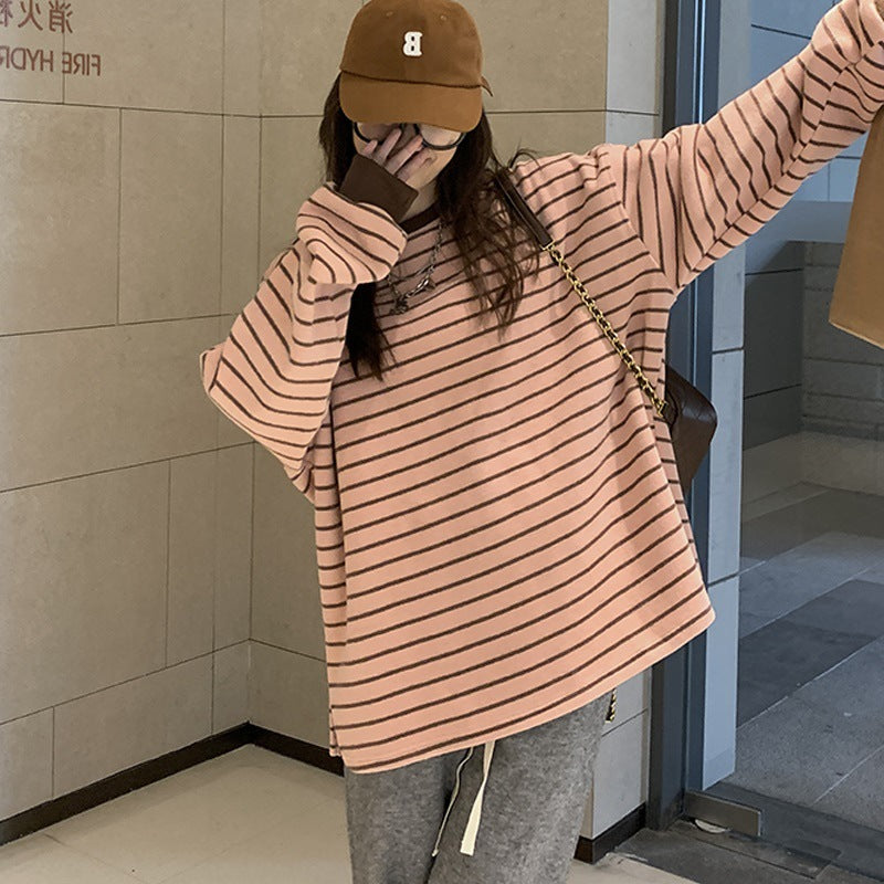 Women's Oversized Pink Striped Knit Crewneck Sweatshirt - Image 2