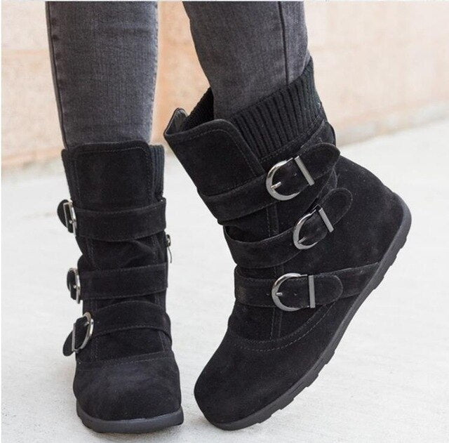 Women's Buckled Faux Suede Boots with Knit Cuff - Casual Mid-Calf - Image 7