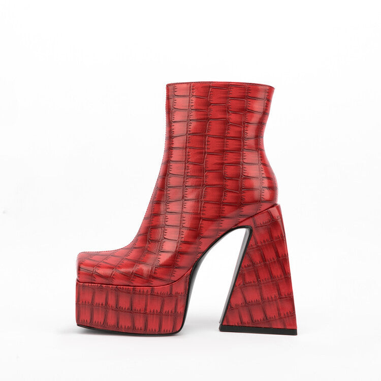 Women's Textured Platform Chunky Heel Ankle Boots Red Green - Image 3