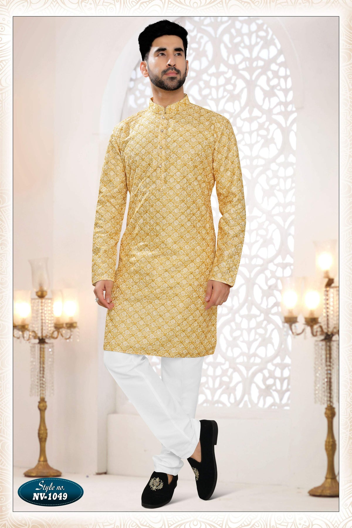 Men's yellow straight kurta set with intricate all-over silk thread embroidery