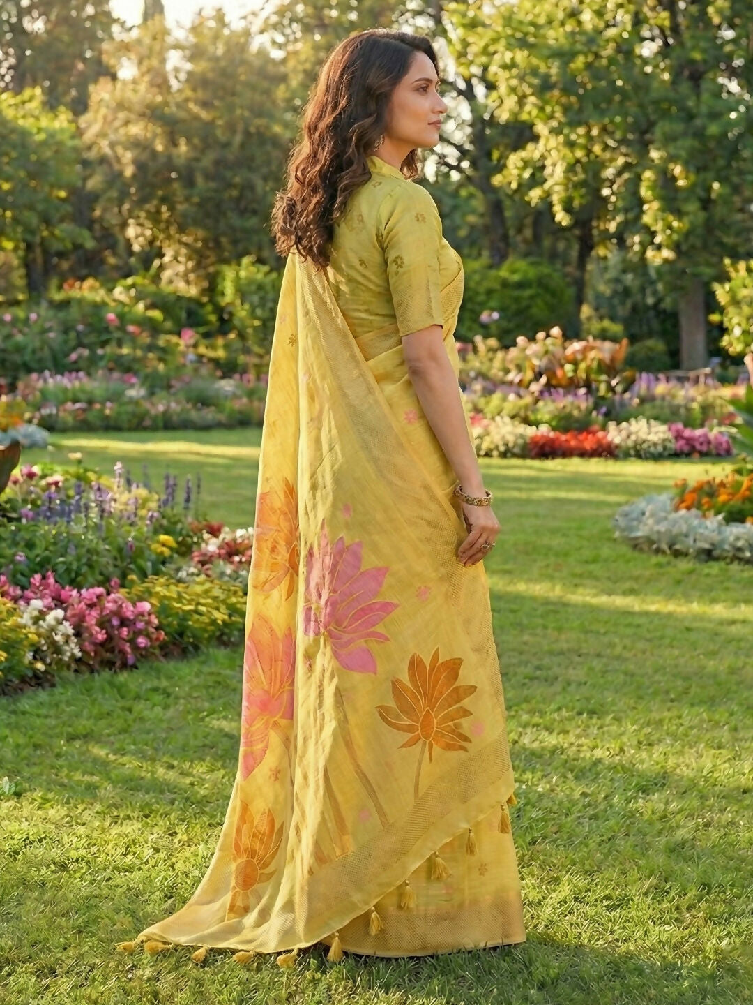 Yellow Linen Cotton Saree with Matching Blouse Piece