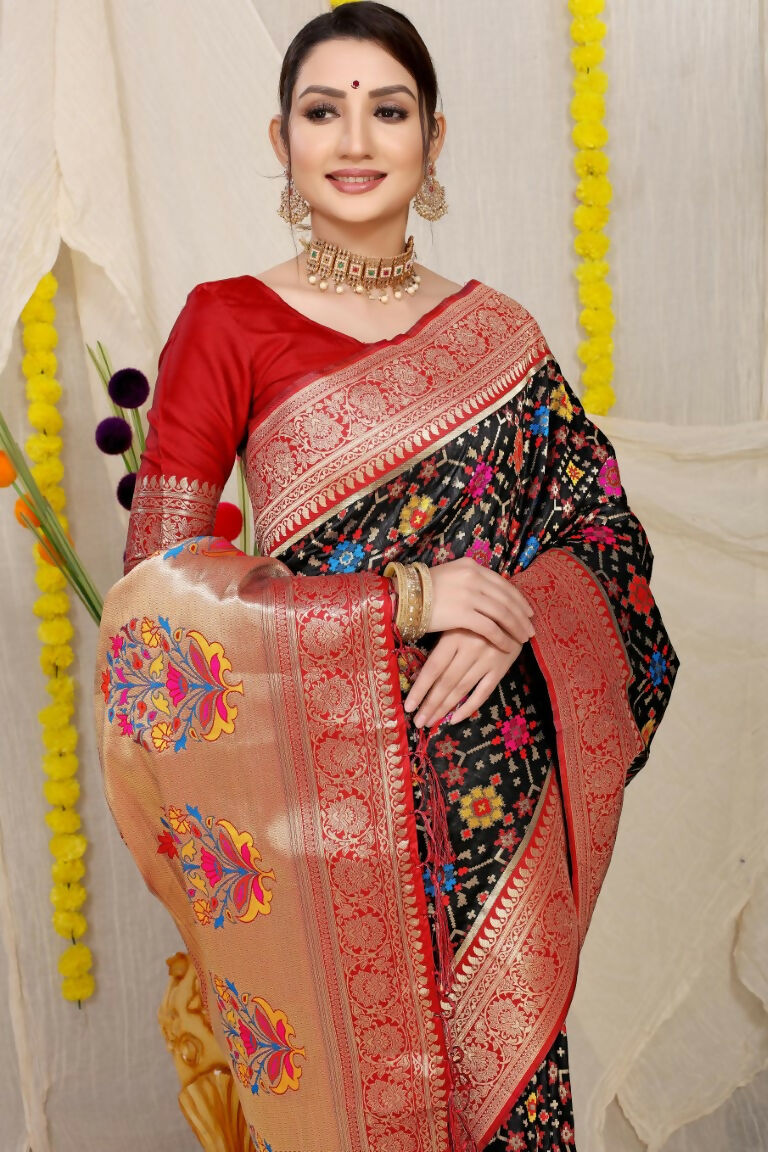 Black Patola Silk Saree with Maroon Blouse and Zari Woven Details