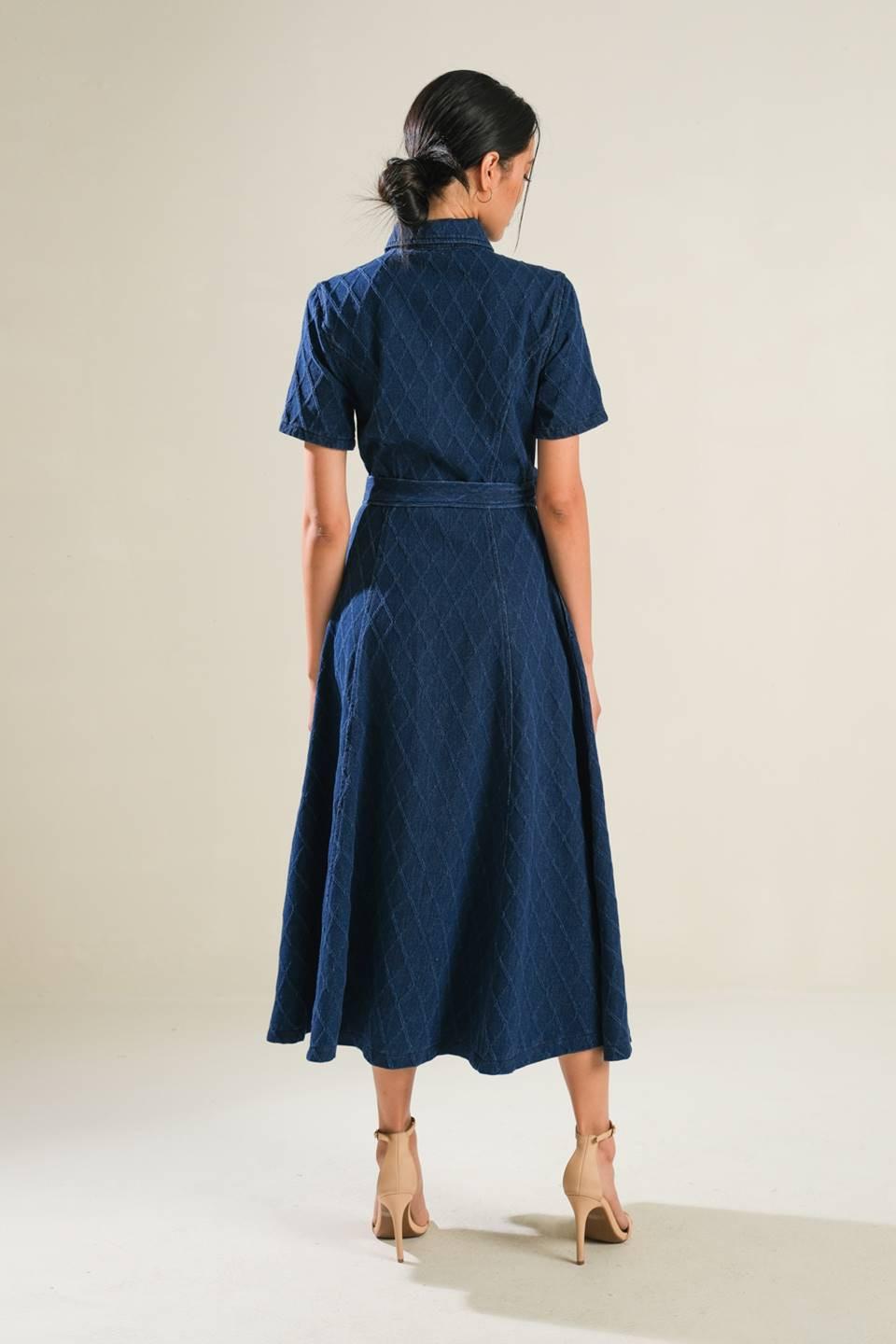 Textured Denim Midi Dress with Button Down Front and Side Pockets - Image 2