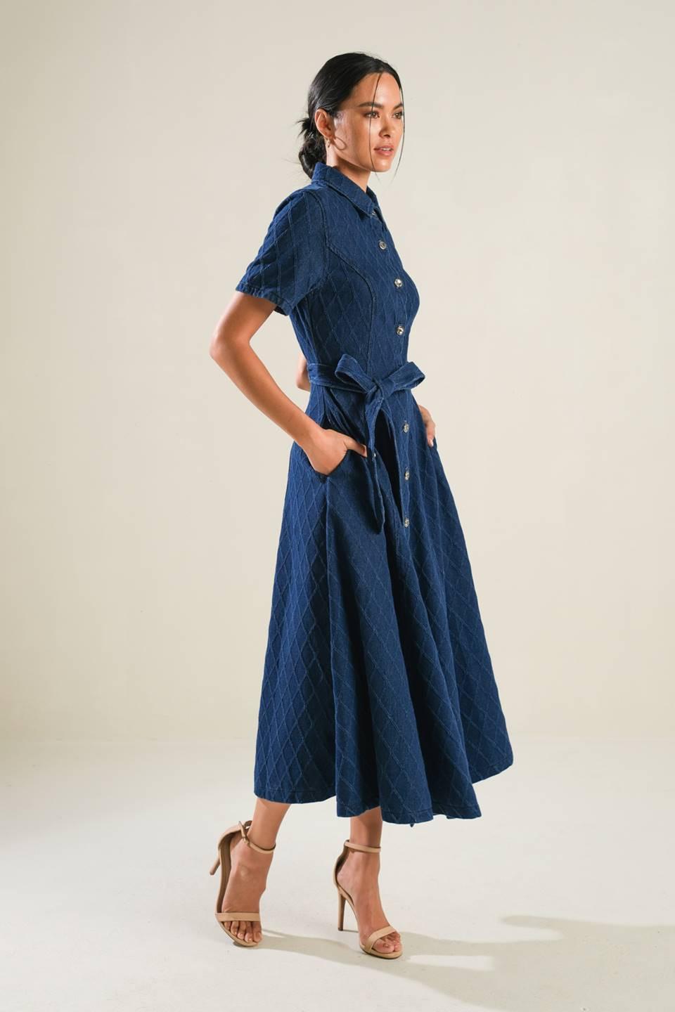 Textured Denim Midi Dress with Button Down Front and Side Pockets - Image 3
