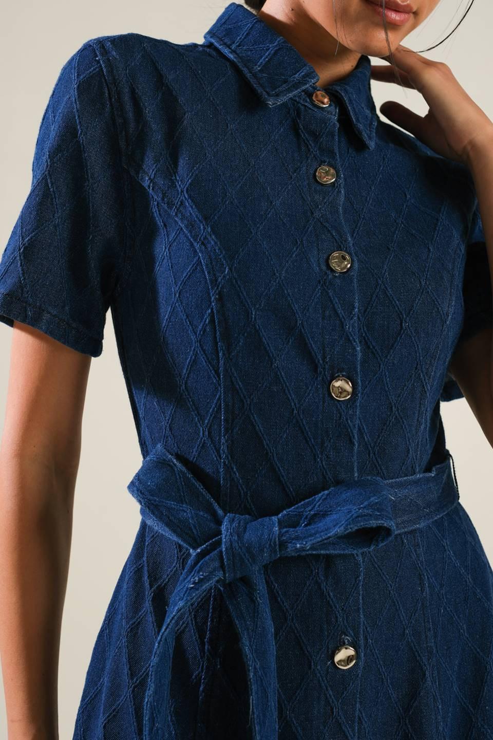 Textured Denim Midi Dress with Button Down Front and Side Pockets - Image 4