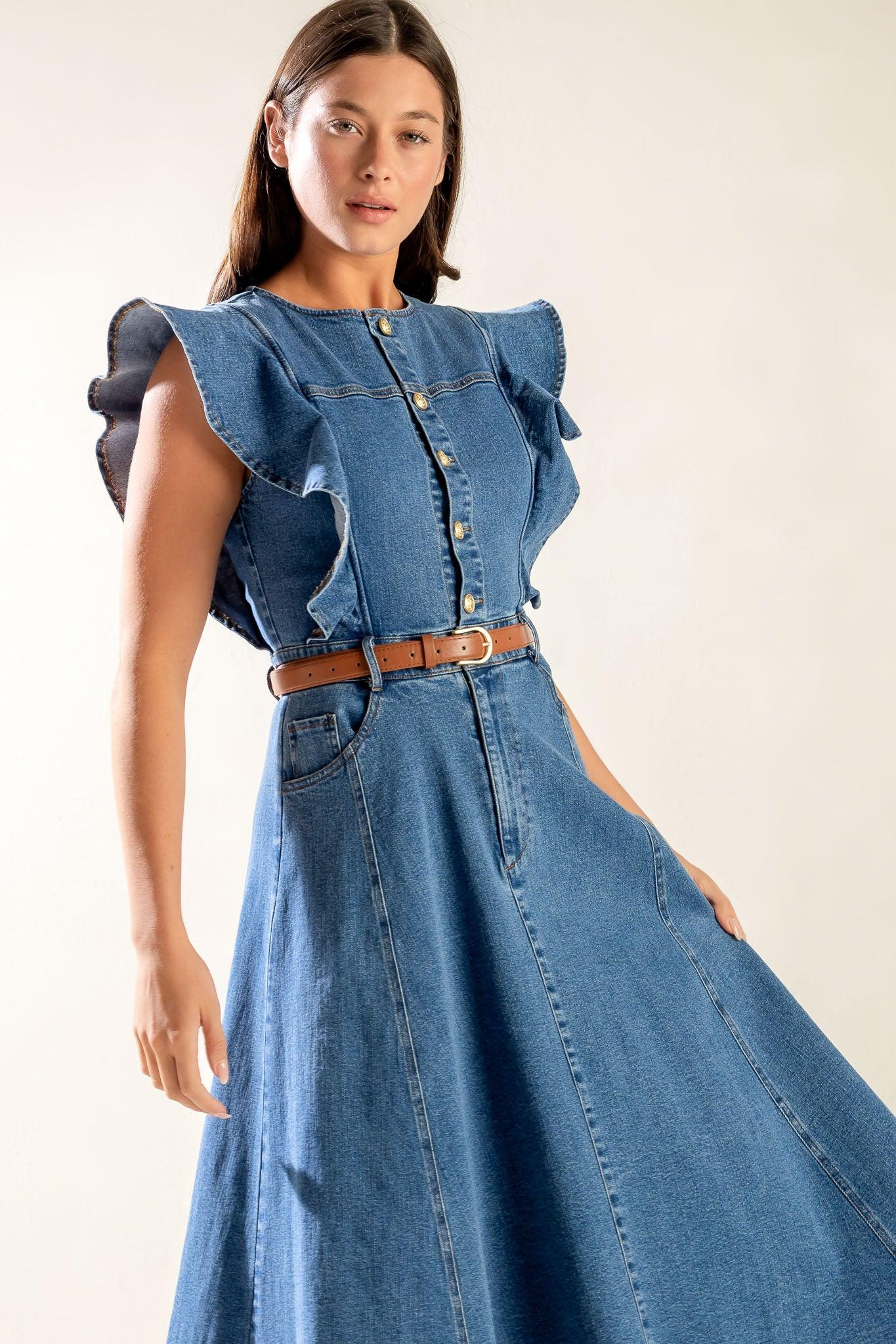 Washed Blue Denim Midi Dress with Ruffle Sleeves and Pockets - Image 5