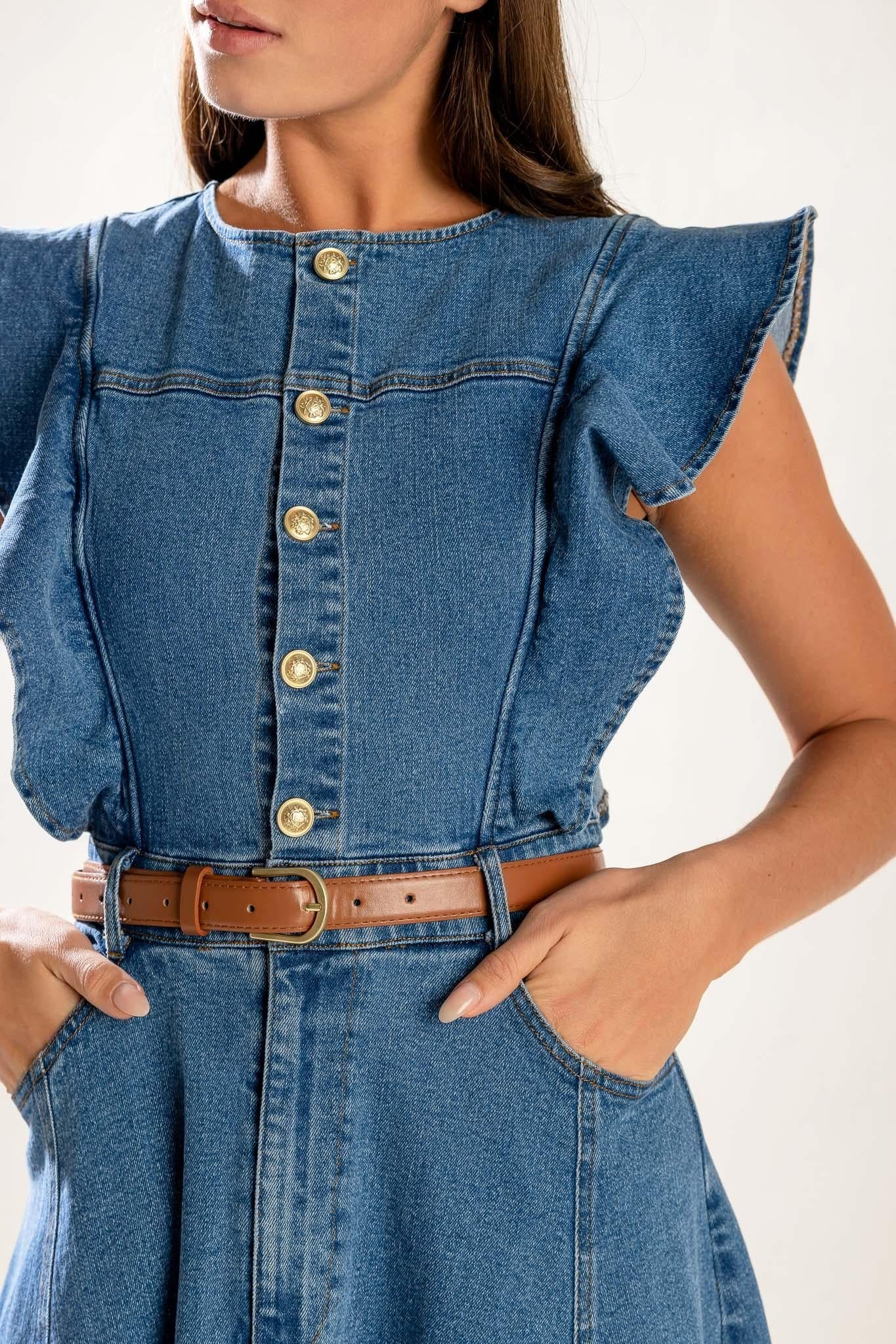 Washed Blue Denim Midi Dress with Ruffle Sleeves and Pockets - Image 3