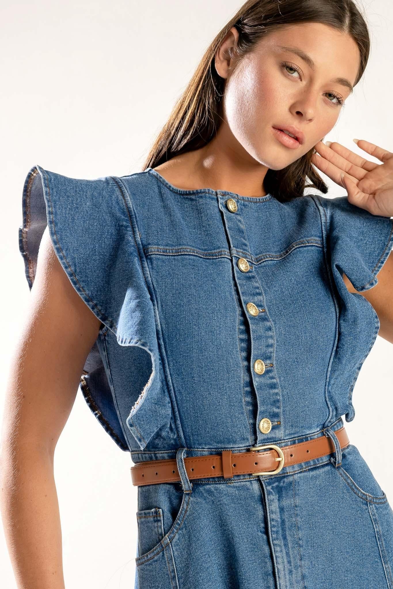 Washed Blue Denim Midi Dress with Ruffle Sleeves and Pockets - Image 4