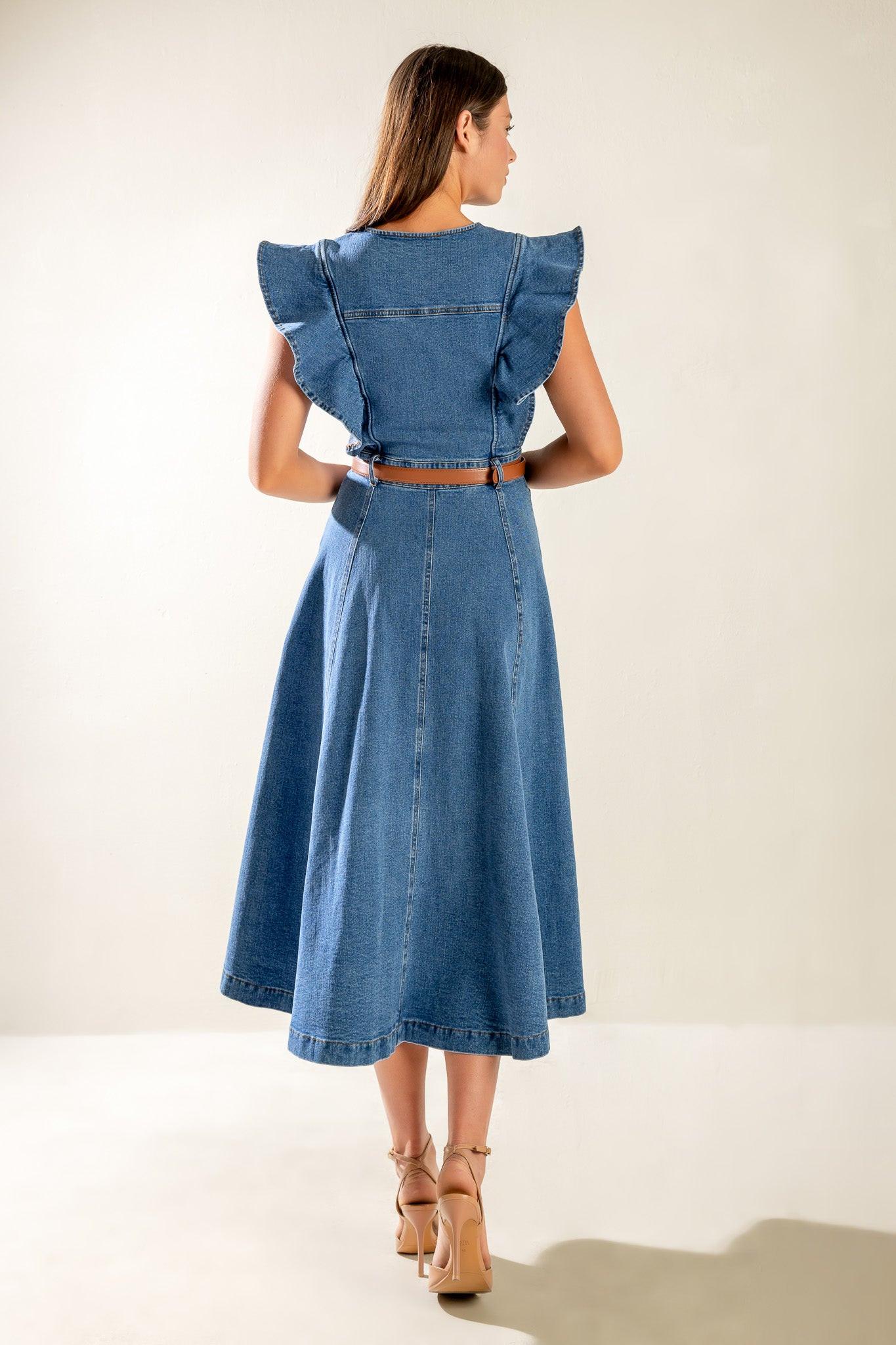 Washed Blue Denim Midi Dress with Ruffle Sleeves and Pockets - Image 2