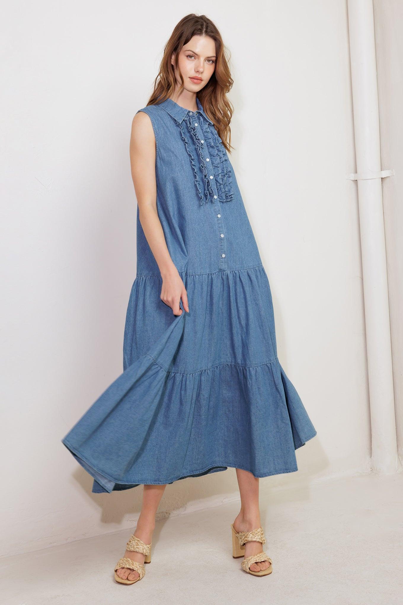 Washed Denim Sleeveless Midi Dress with Ruffled Front and Tie - Image 3