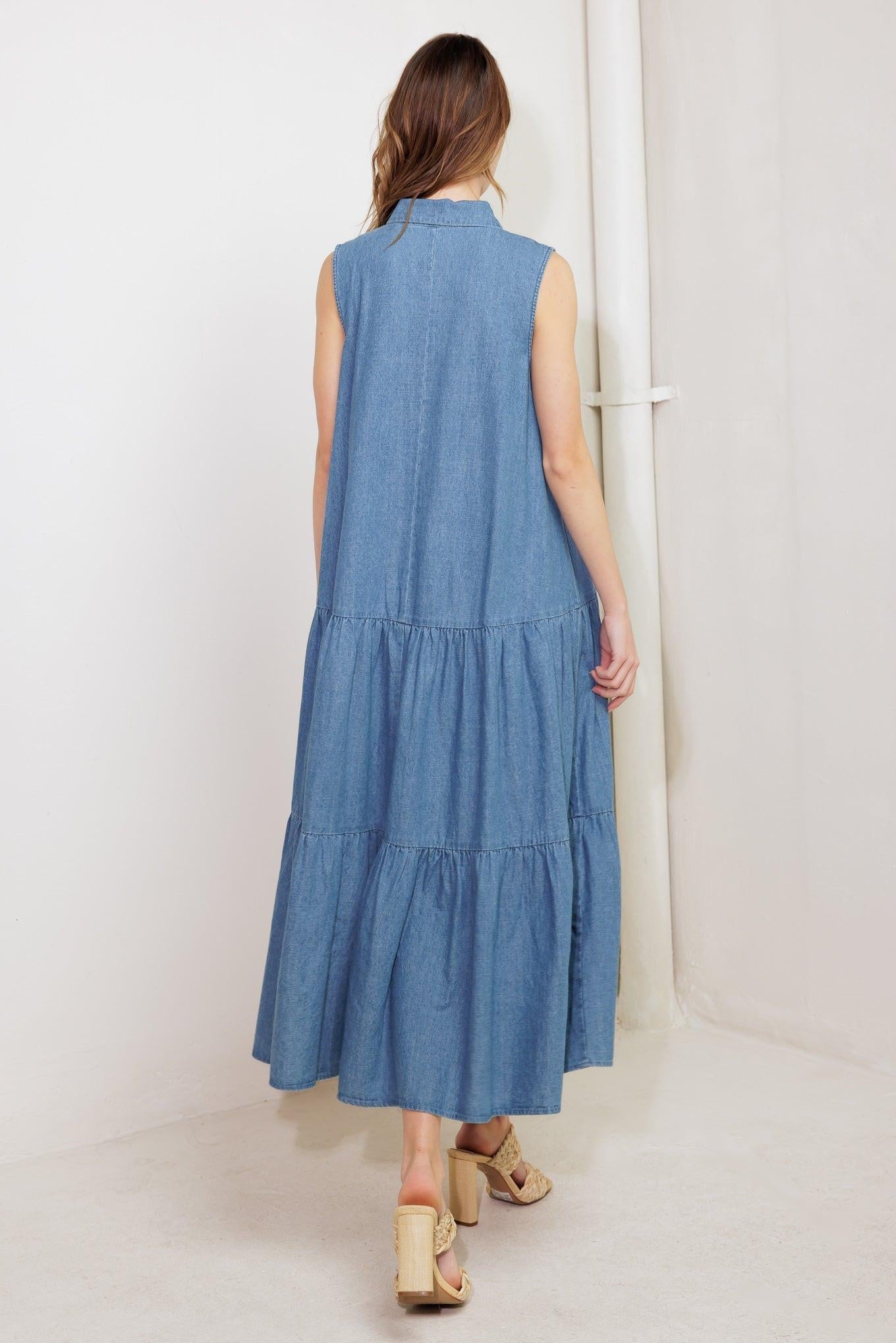 Washed Denim Sleeveless Midi Dress with Ruffled Front and Tie - Image 4