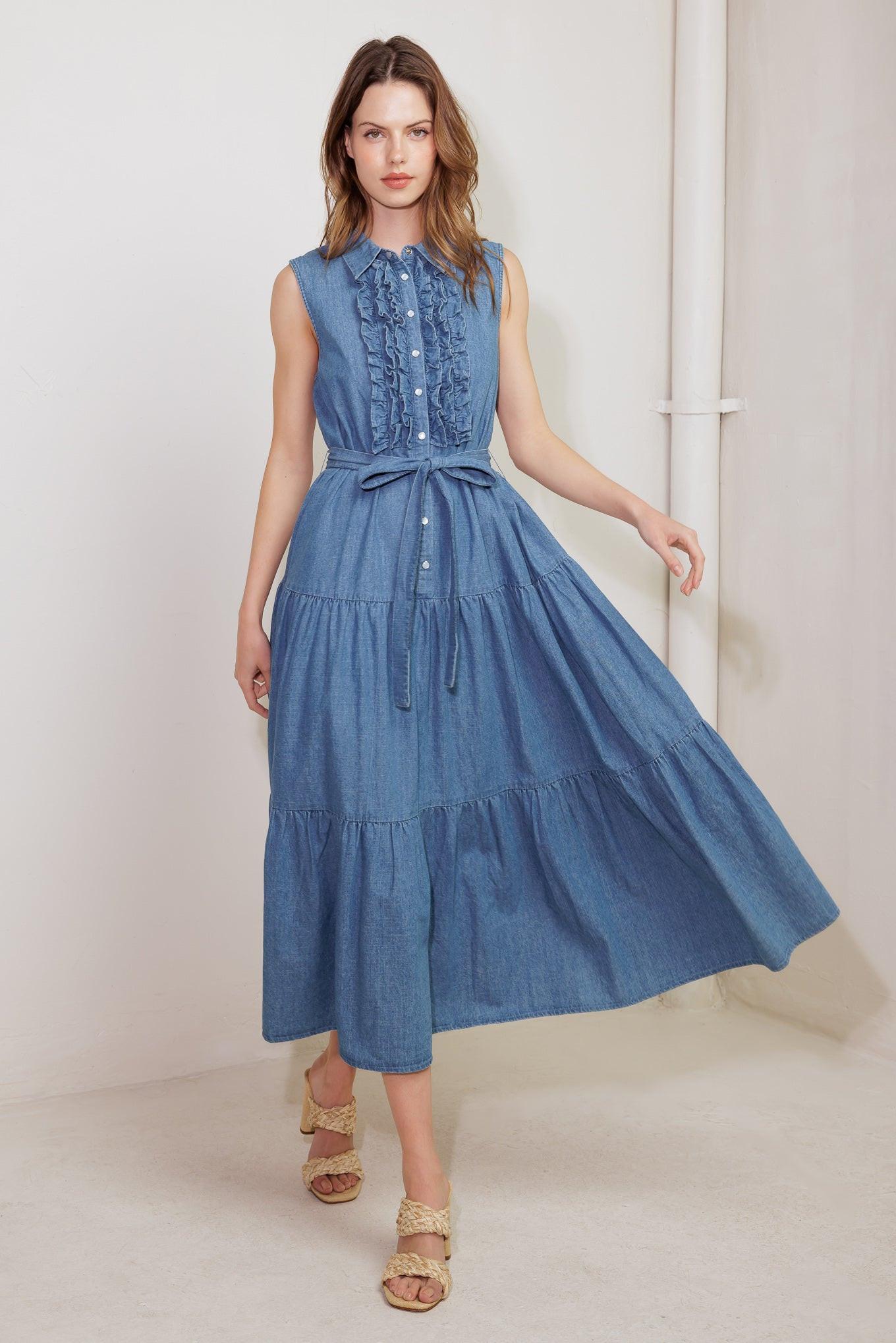 Washed Denim Sleeveless Midi Dress with Ruffled Front and Tie - Image 5