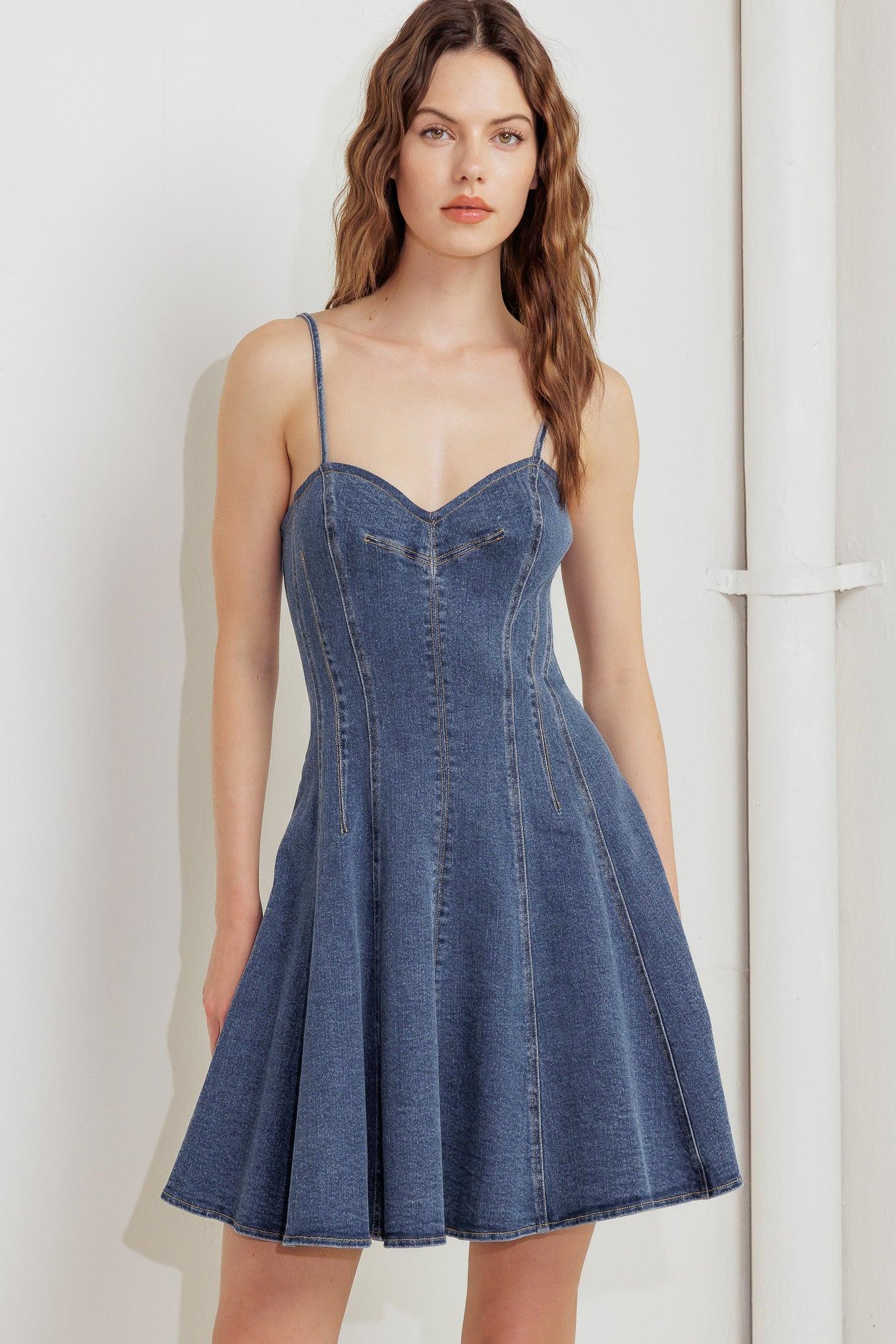 Washed Denim Cami Mini Dress with Circle Skirt and Back Zipper - Image 3