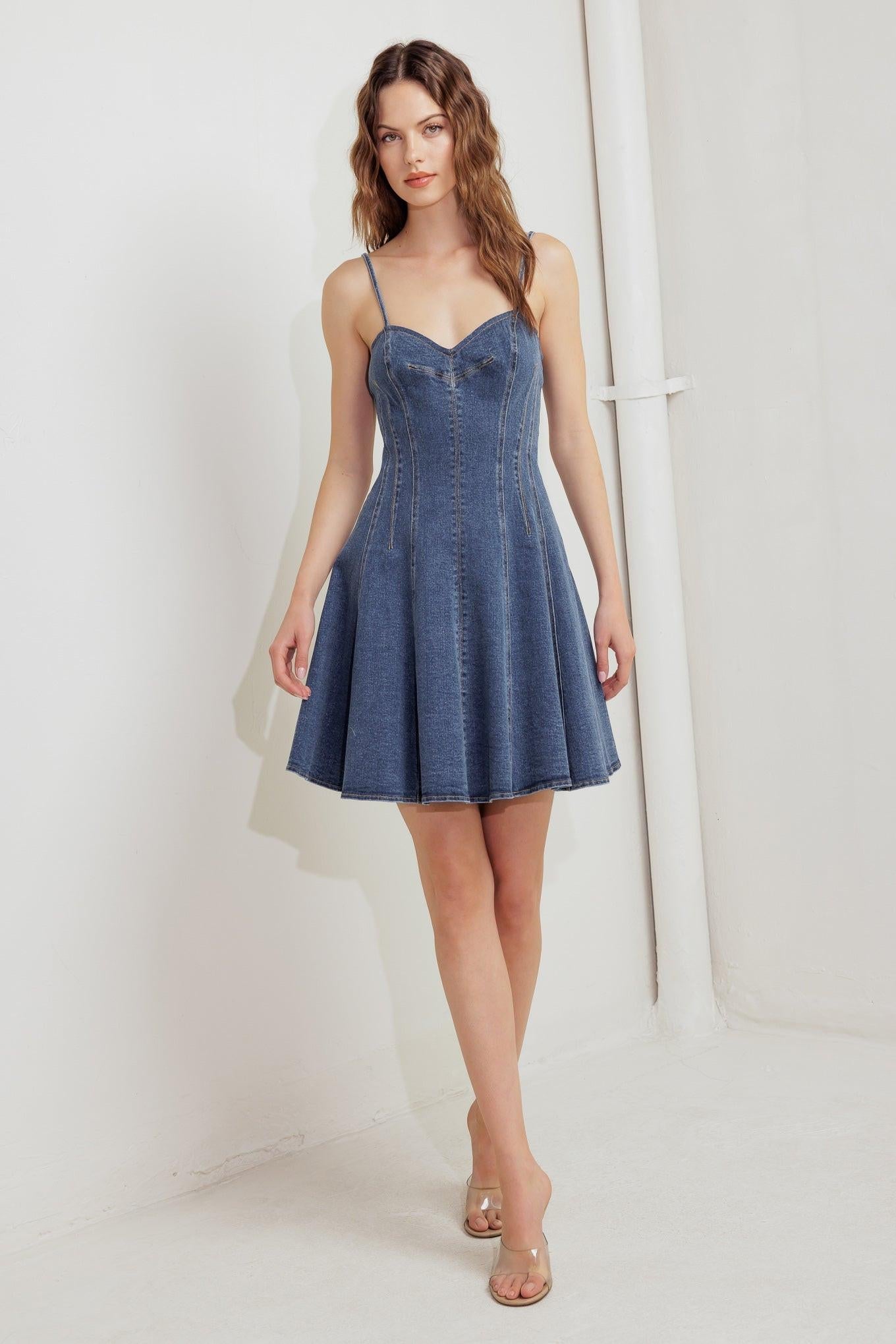 Washed Denim Cami Mini Dress with Circle Skirt and Back Zipper - Image 5