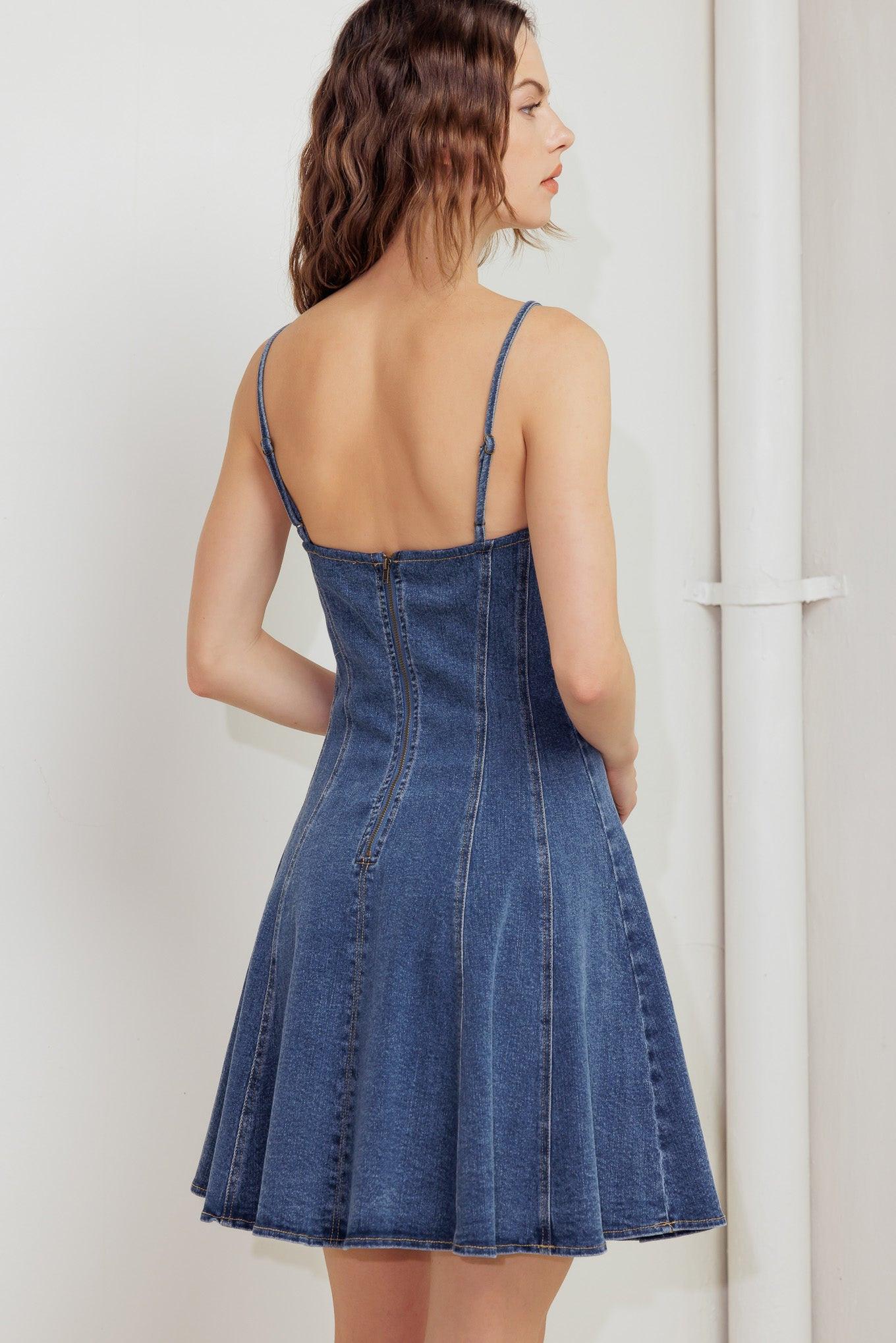 Washed Denim Cami Mini Dress with Circle Skirt and Back Zipper - Image 4