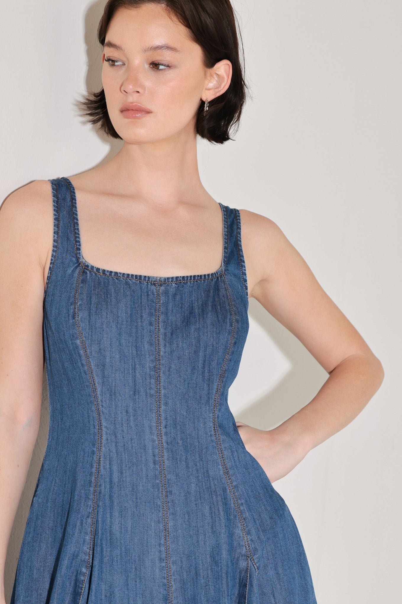 Indigo Sway Sleeveless Denim Midi Dress with Square Neckline