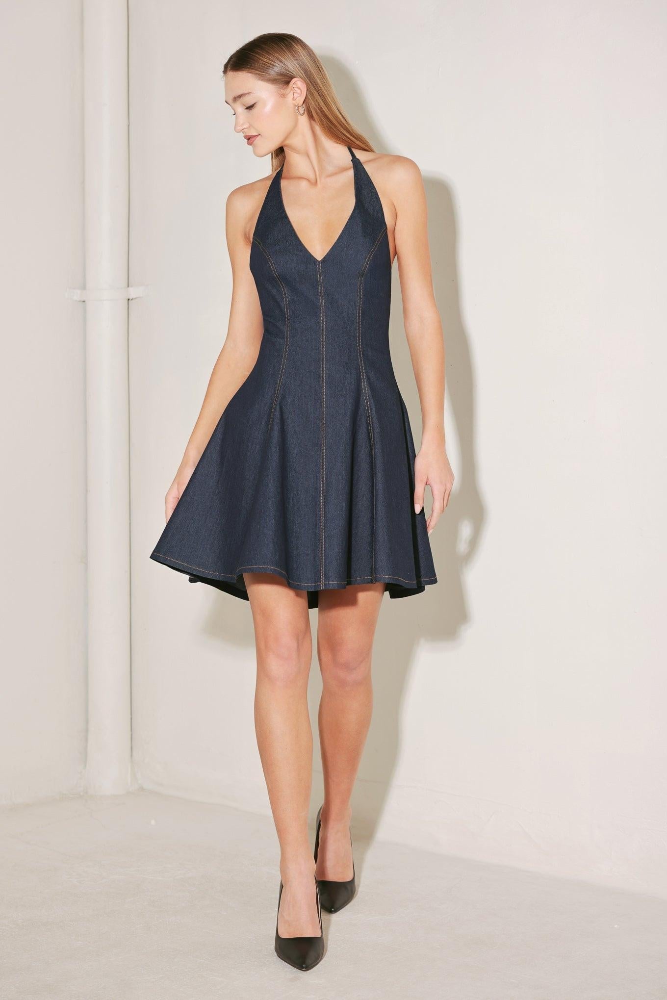 Dark Denim Halter Mini Dress with Open Back and Circle Skirt - Image 4
