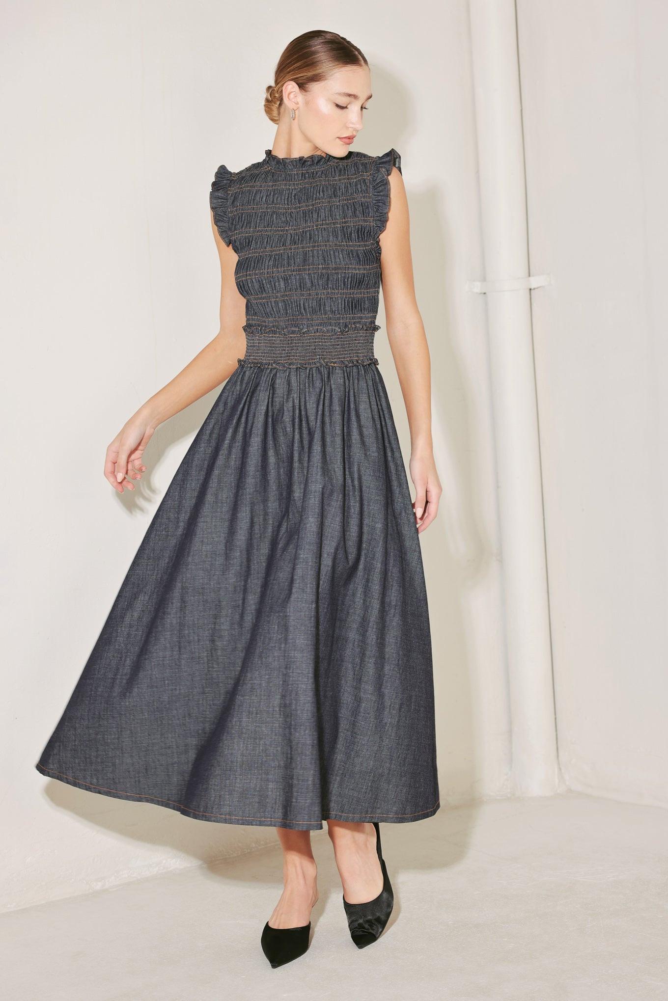 Dark Denim Smocked Midi Dress with Ruffle Neck and Sleeve Detail