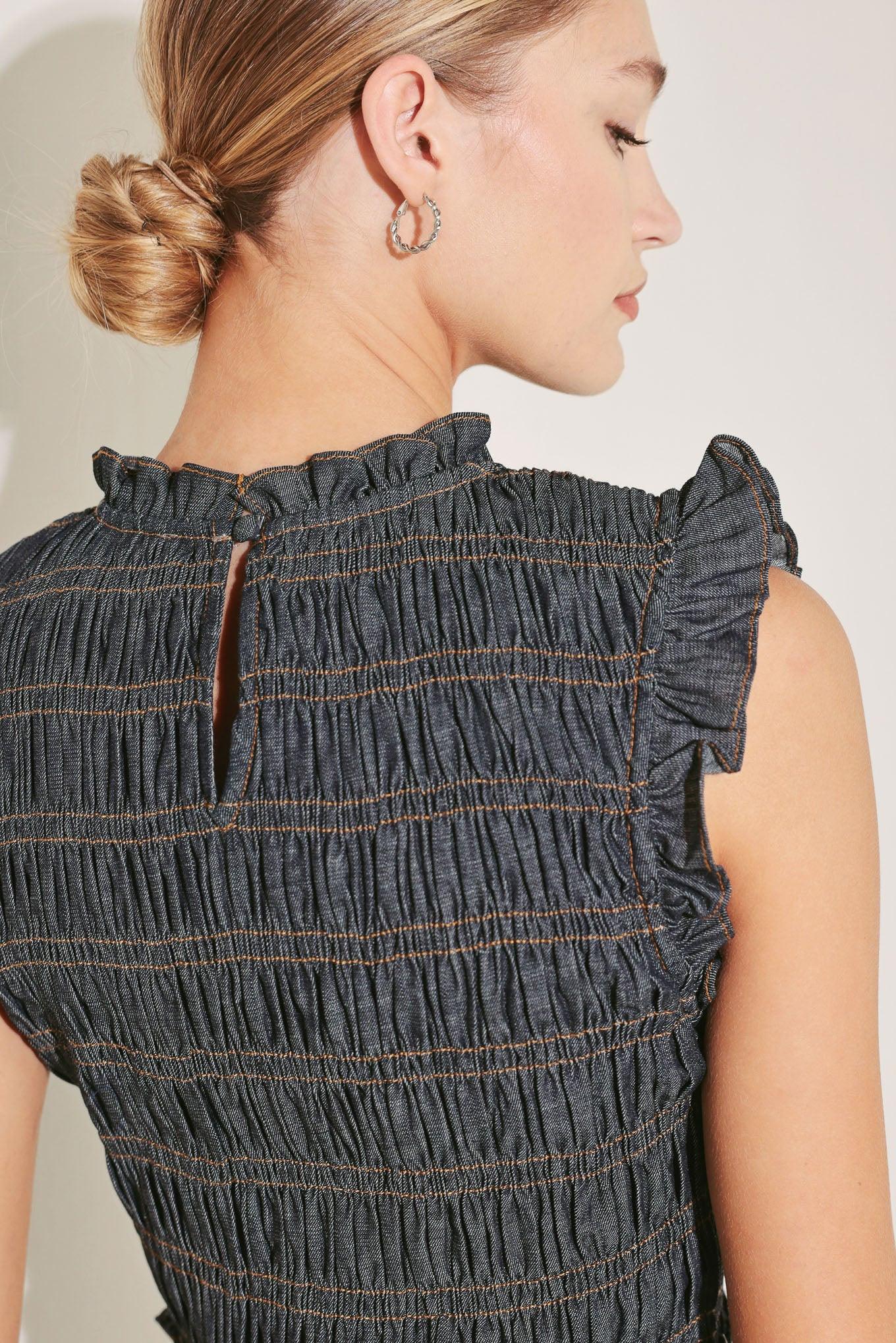 Dark Denim Smocked Midi Dress with Ruffle Neck and Sleeve Detail